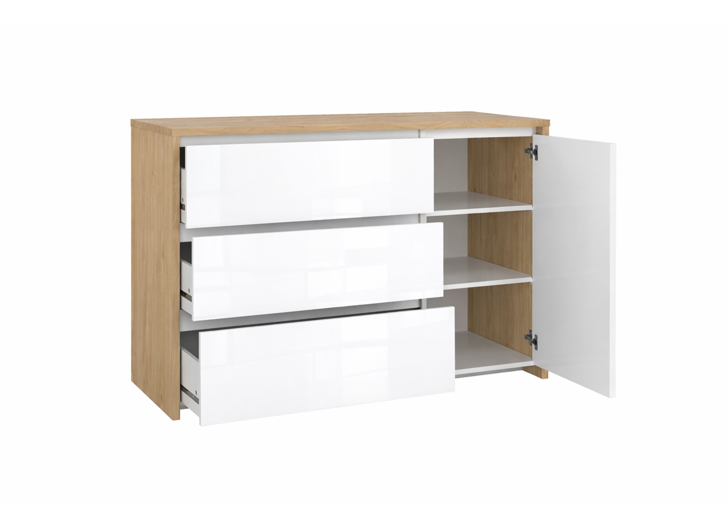 Indeling - Commode Next 119x48x84cm - melamine - glanzend wit & jackson hickory