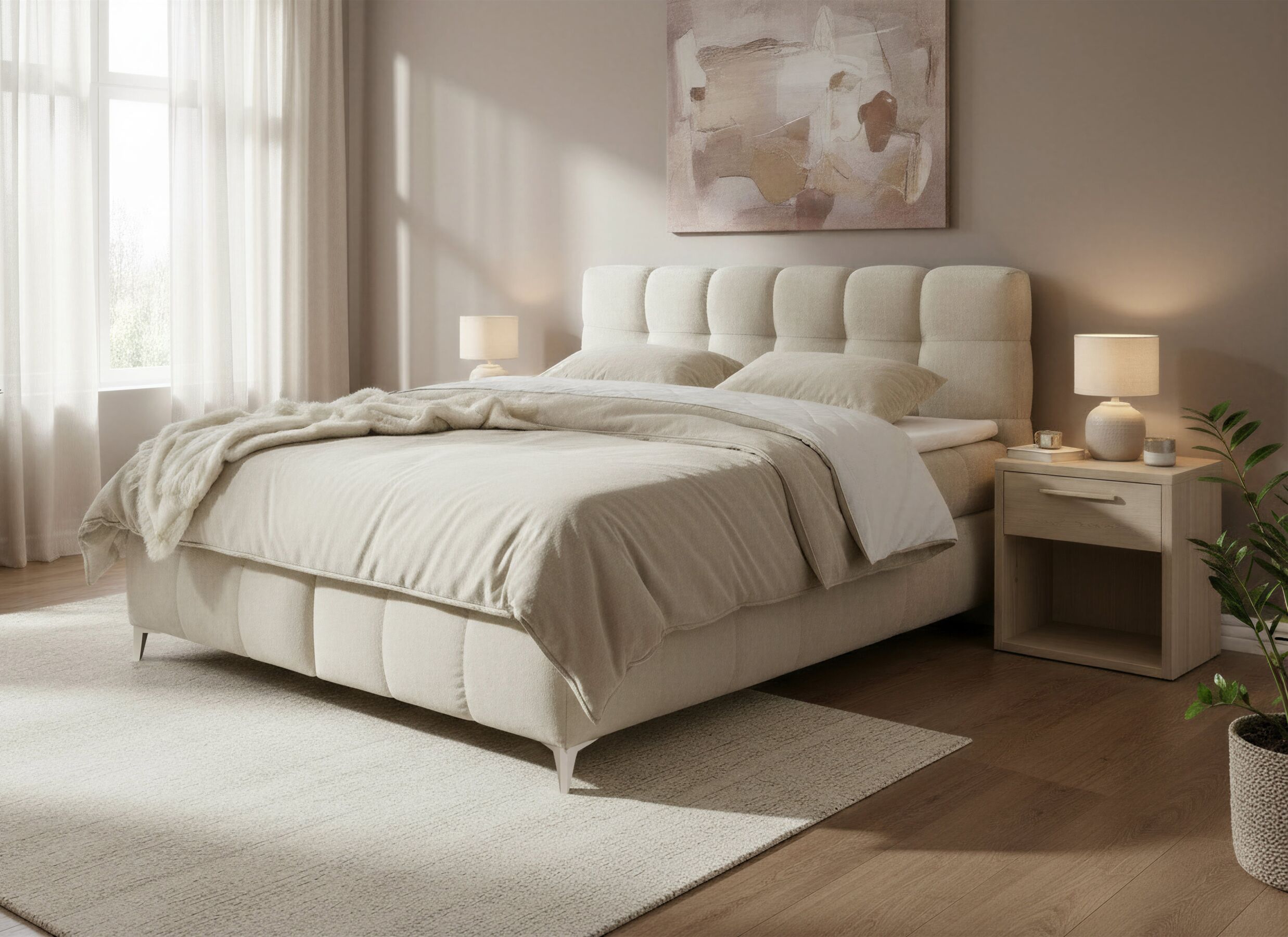 Foto ambiance - Lit box Kylie 180x200cm - tissu - beige avec rangement