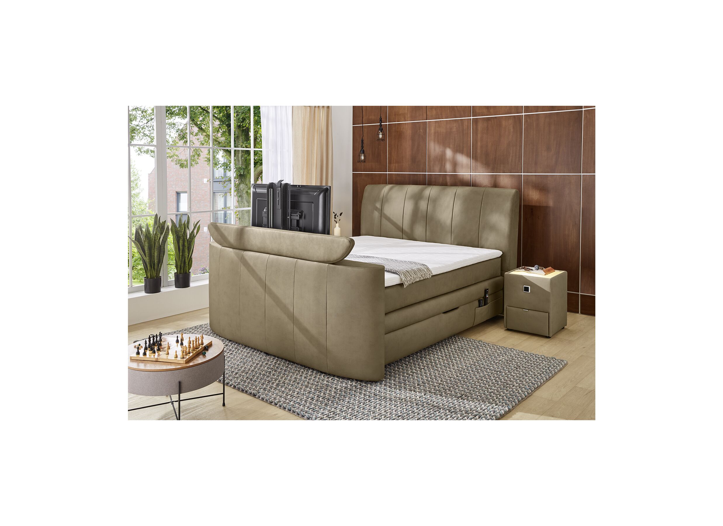 Aperçu - Boxspring 180x200cm avec ascenseur TV et rangement tissu boue