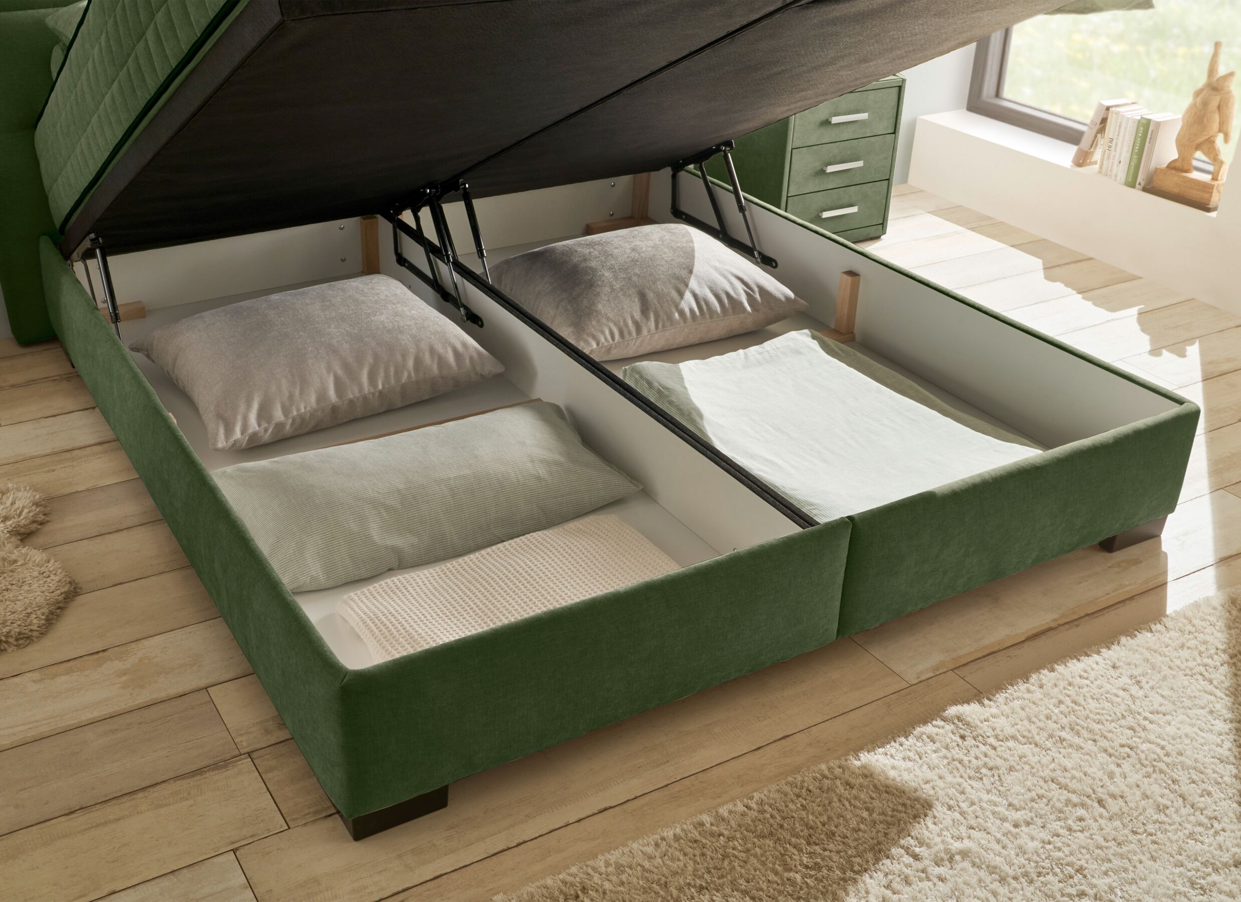 Foto ambiance - Lit box Nagol A 160x200cm - tissu - vert avec rangement