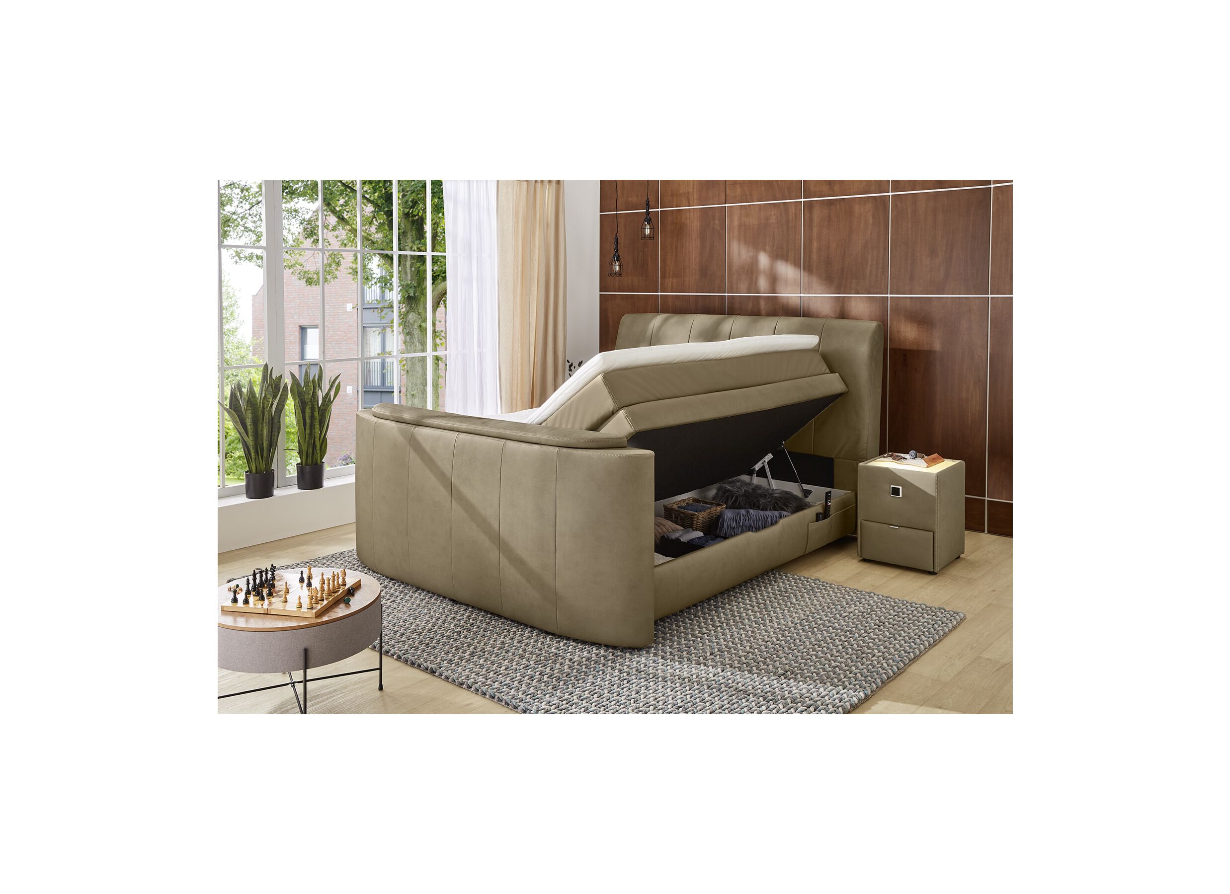 Overzichtsfoto - Boxspring Belair Max 180x200cm met tv-lift en opbergruimte stof modder