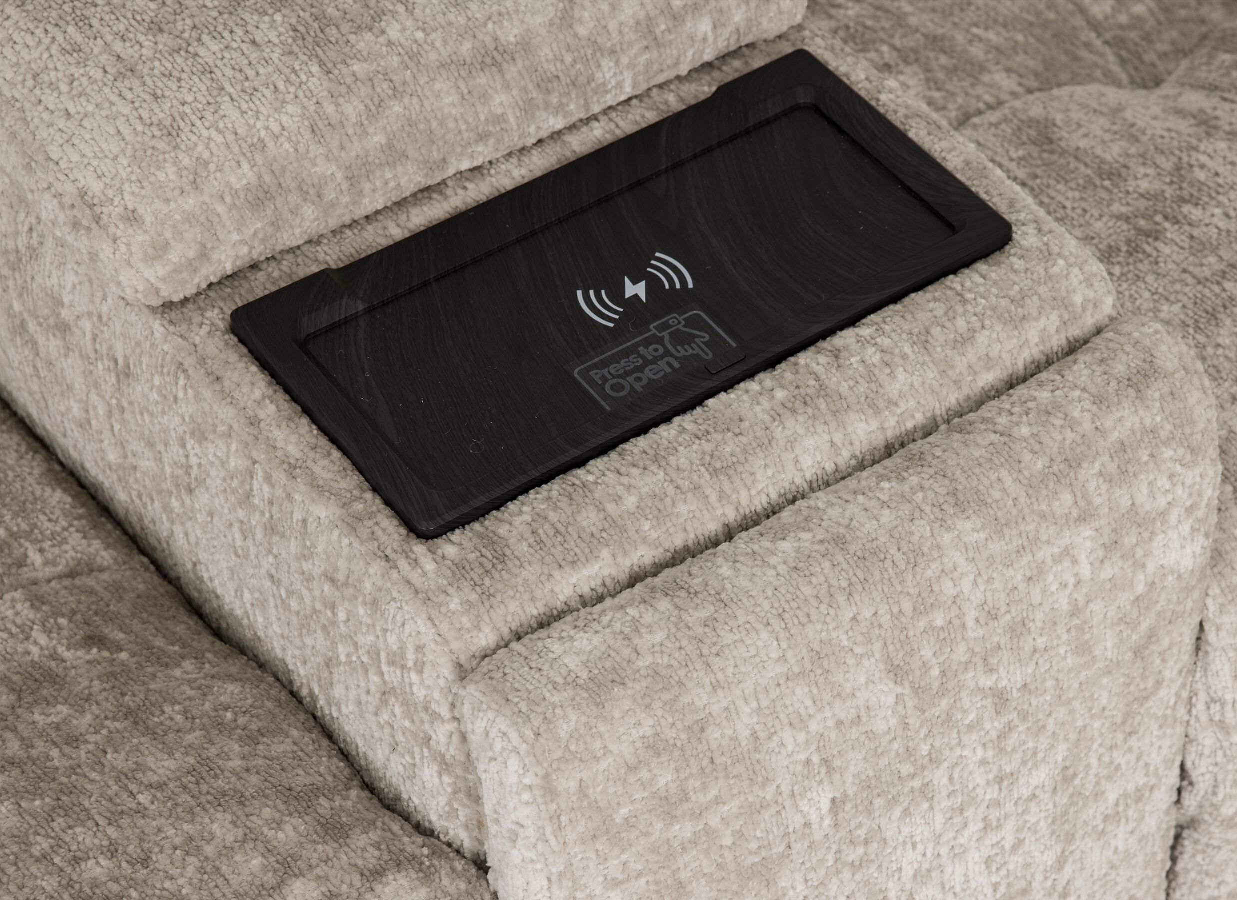 Detail - Canapé d'angle Crow 334x301cm - tissu - turtledove avec 3 fauteuils relax & rangement