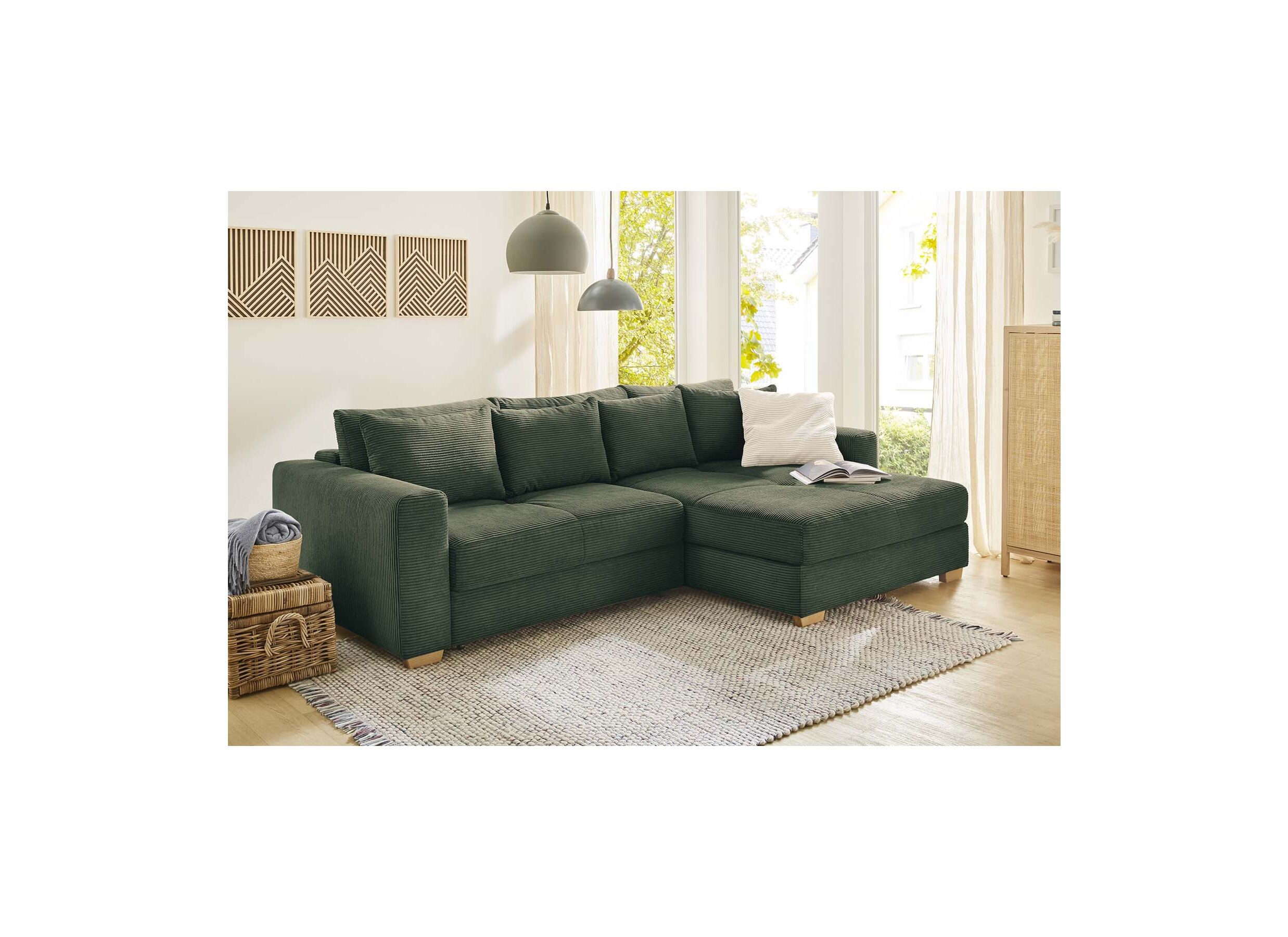 Hoeksalon Kampen 288x186cm - stof - groen met bedfunctie en opbergruimte