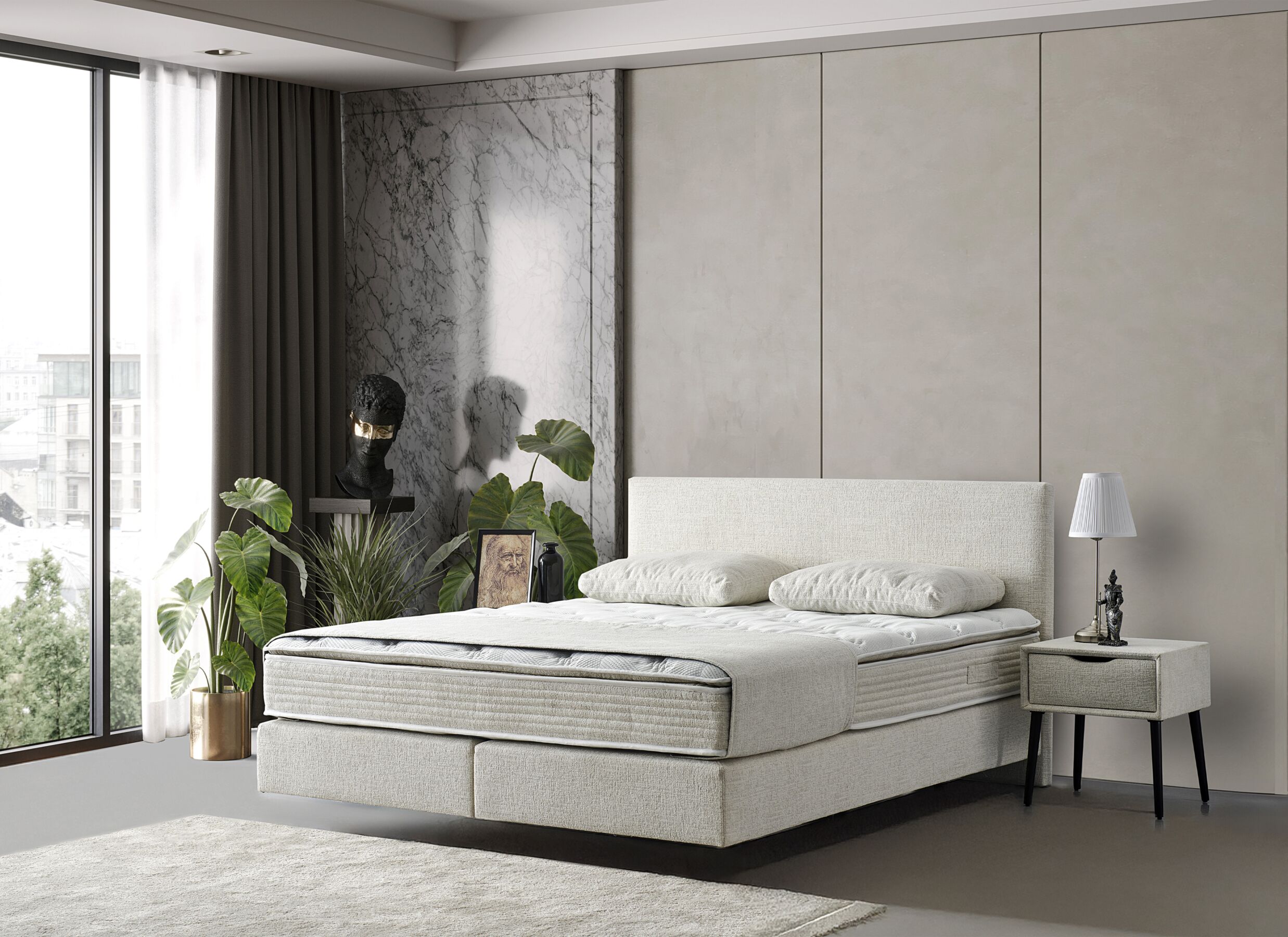 Sfeerfoto - Boxspring Kingstyle 140x200cm - stof - beige met opbergruimte