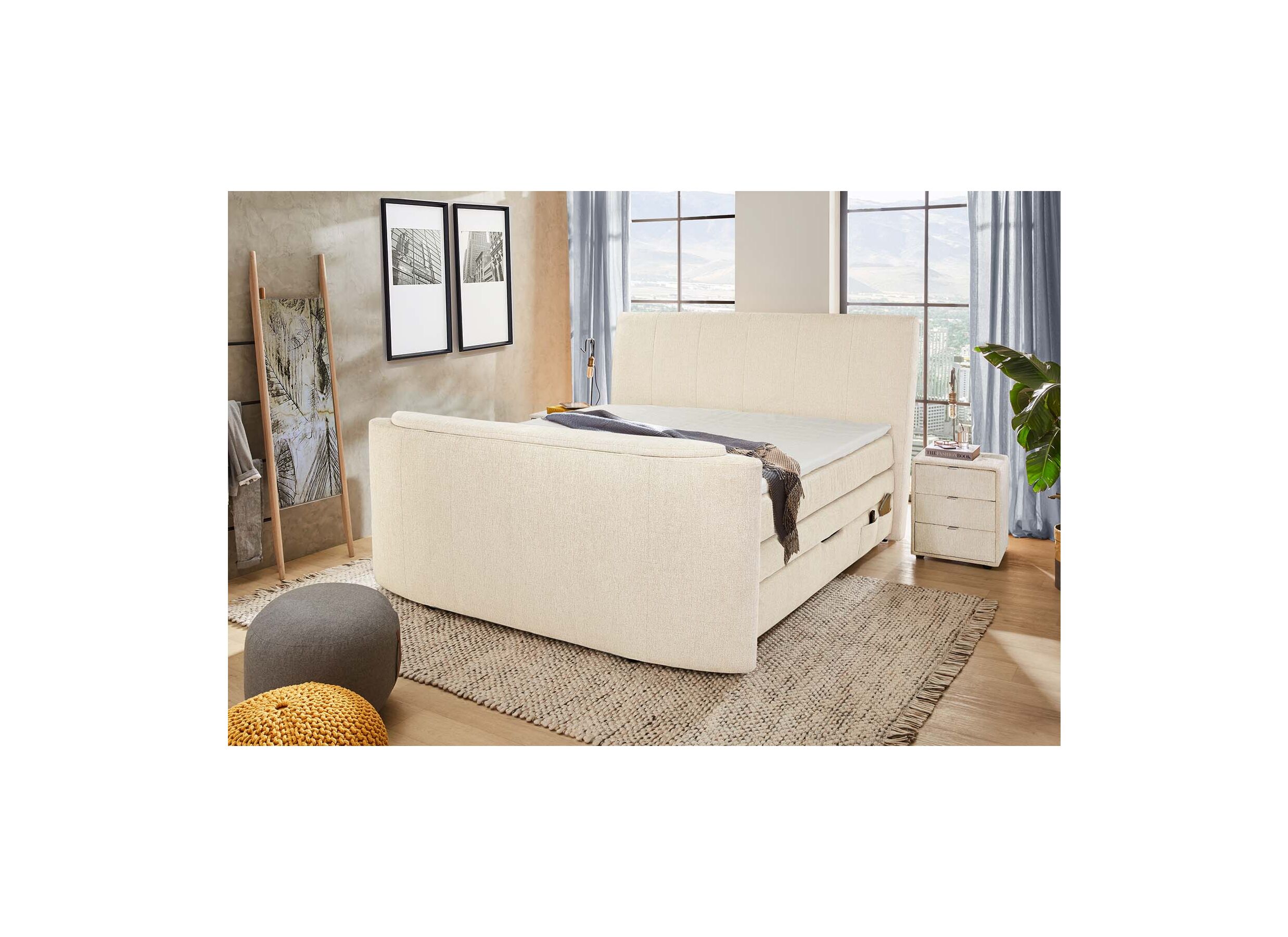 Boxspring Belair Max 180x200cm avec ascenseur TV et rangement tissu écru - Boxspring Belair Max 180x200cm avec ascenseur TV et rangement tissu écru
