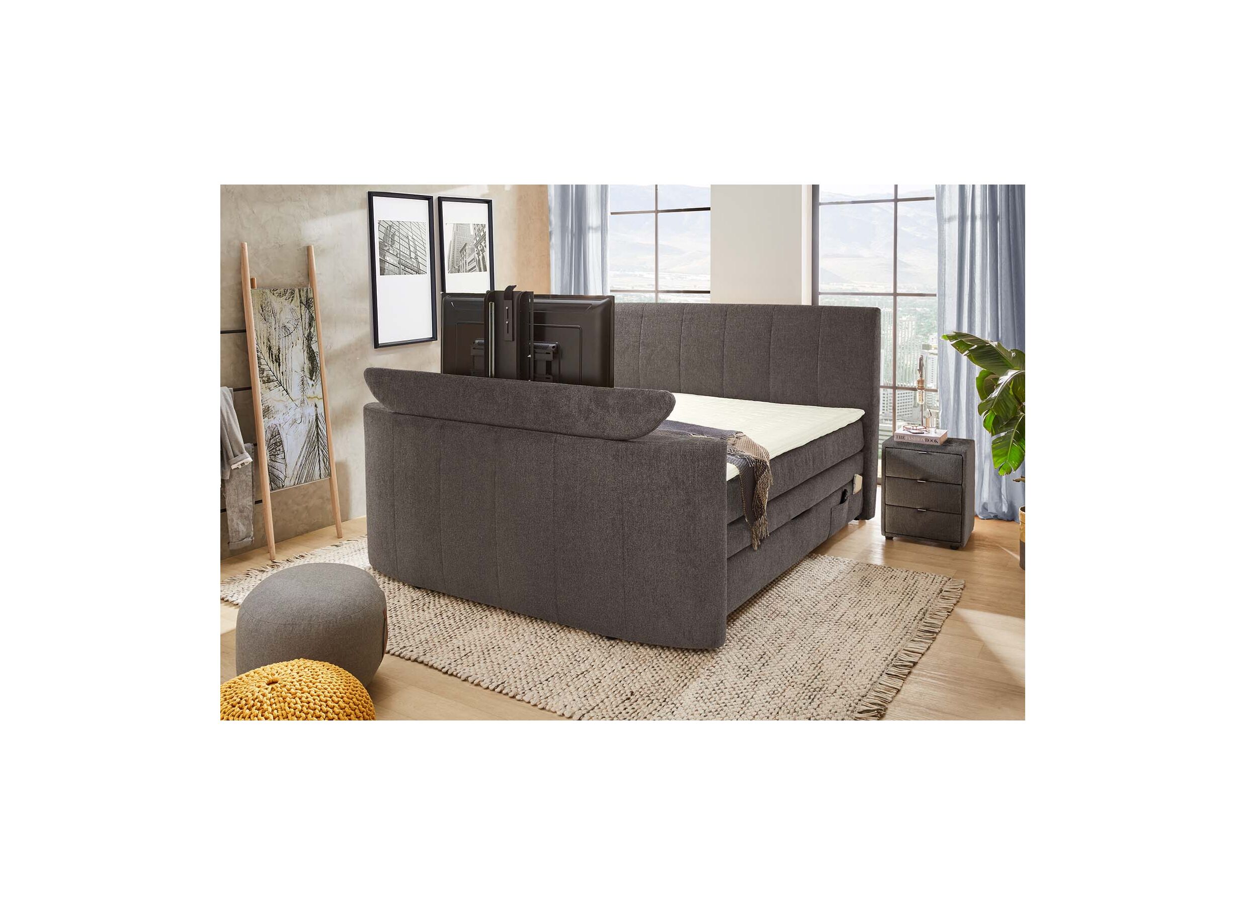 Boxspring Belair Mix 180x200cm avec ascenseur TV et rangement tissu anthracite