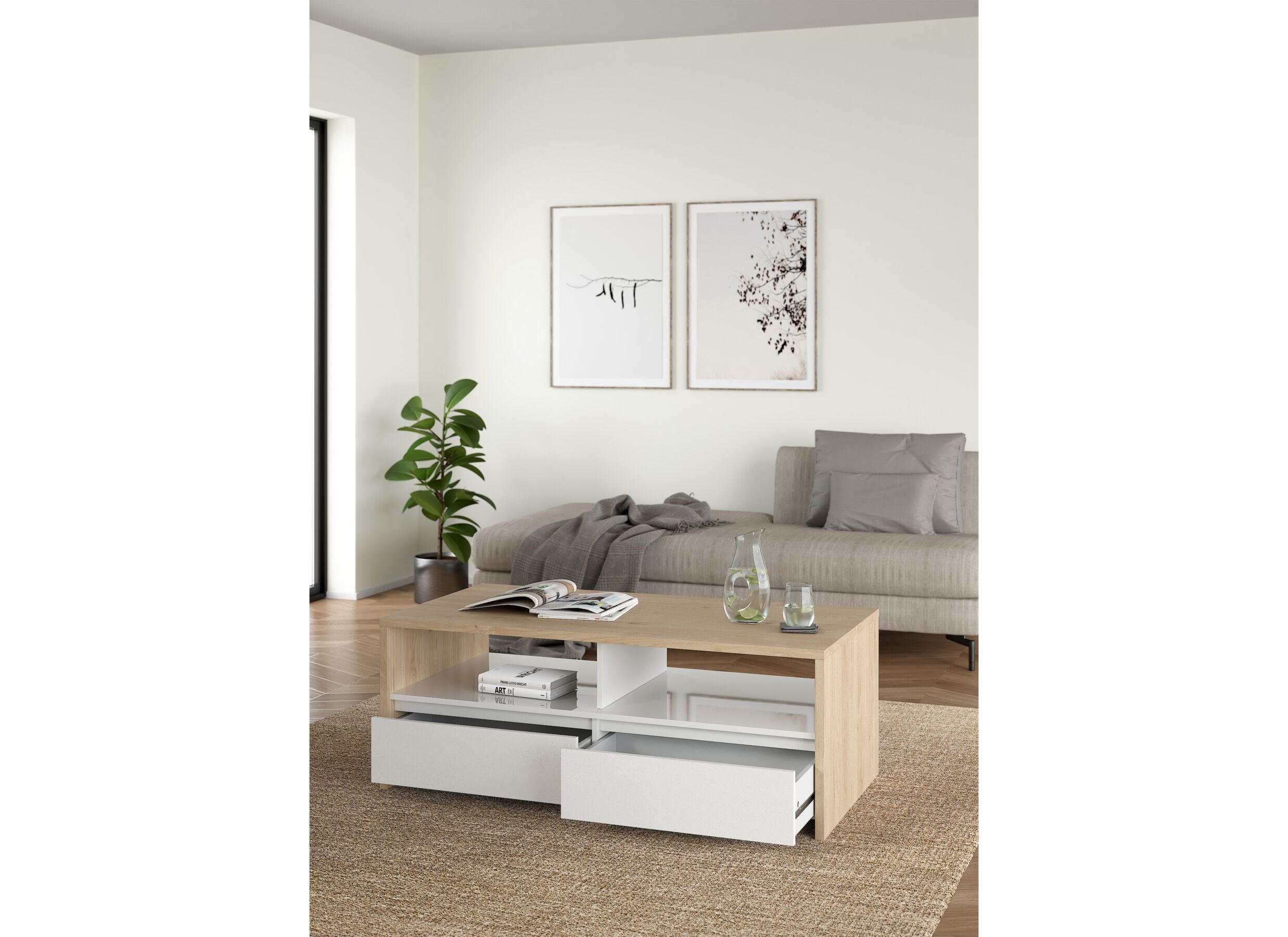 Foto ambiance - Table basse Next 120x60cm - mélamine - blanc brillant & jackson hickory