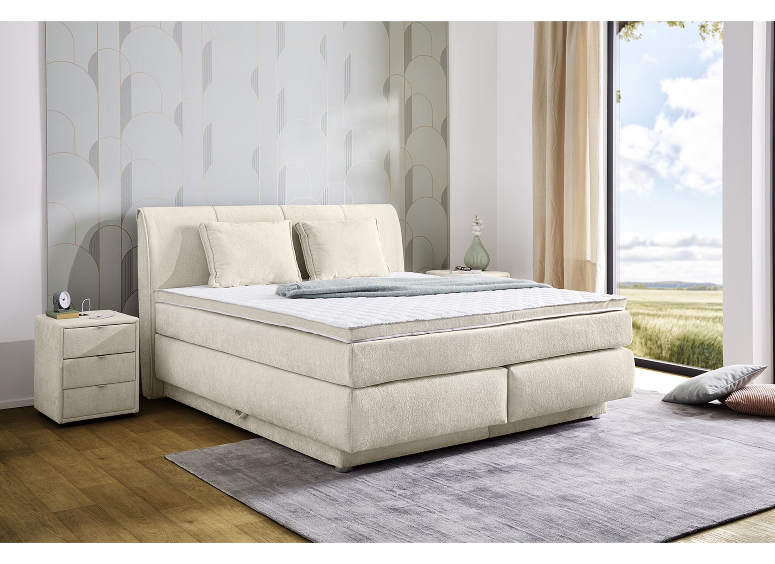 Sfeerfoto - Boxspring Caren Normal 160x200cm - stof - ecru met opbergruimte