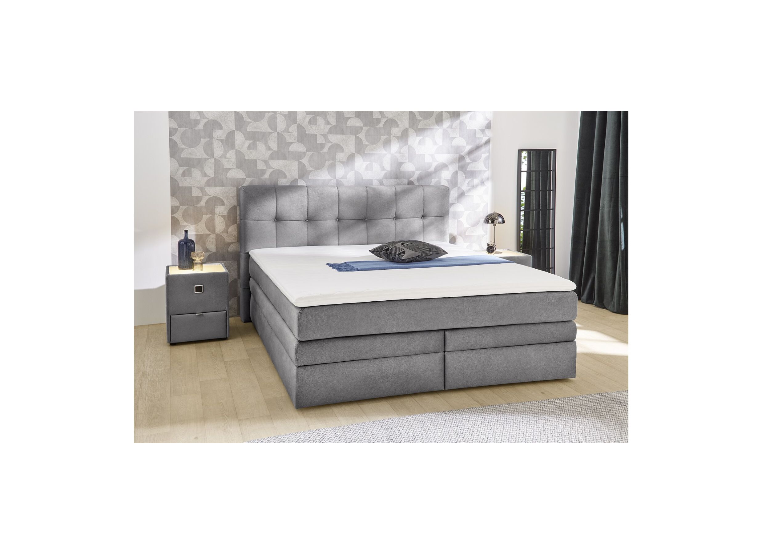 Foto ambiance - Boxspring Amy 180x200cm - tissu - gris avec rangement