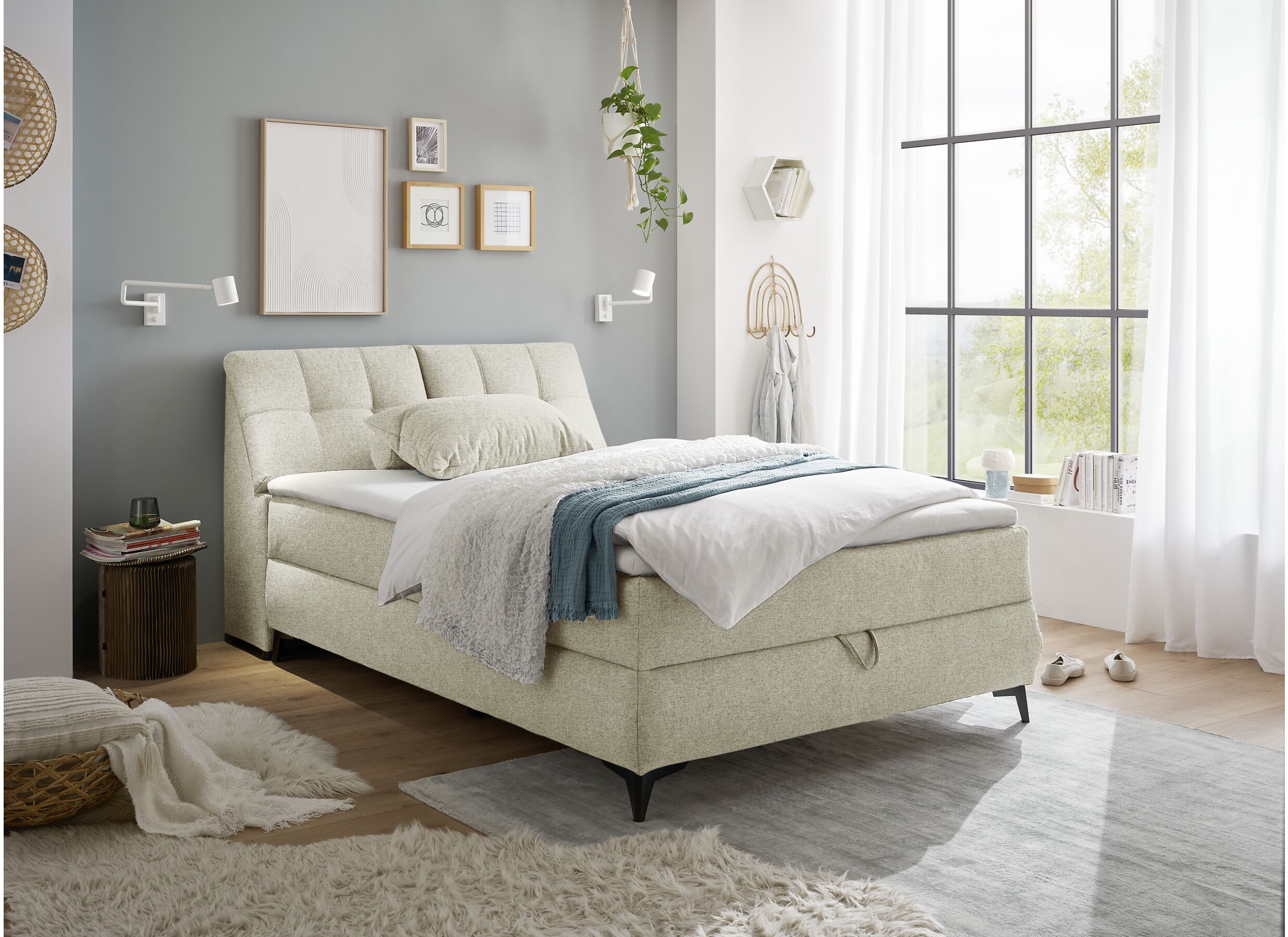 Foto ambiance - Lit box Atlantis 140x200cm avec rangement tissu ivoire