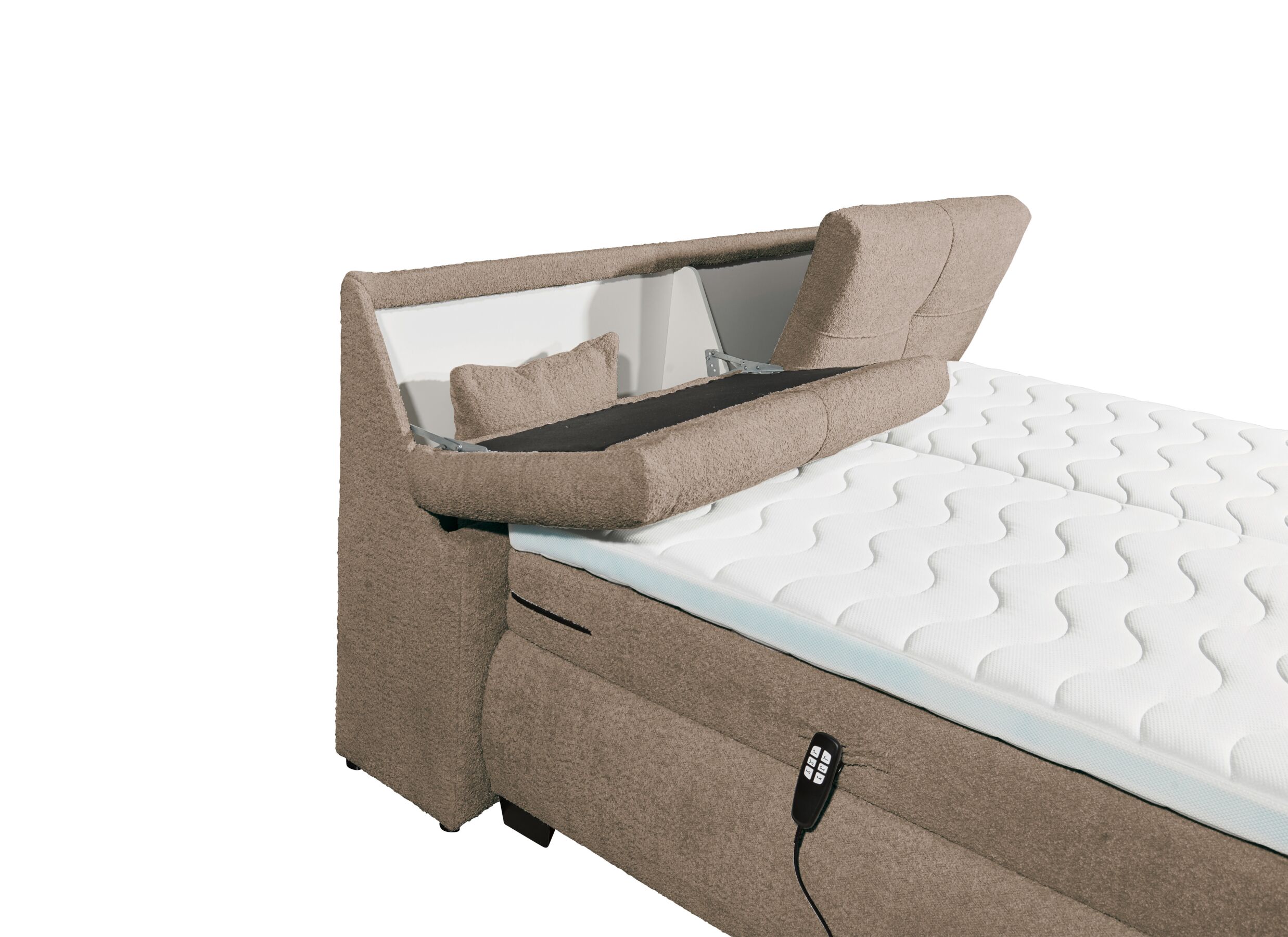 Detailfoto - Boxspring Reynosa 180x200cm - stof - taupe met opbergruimte & elektrisch