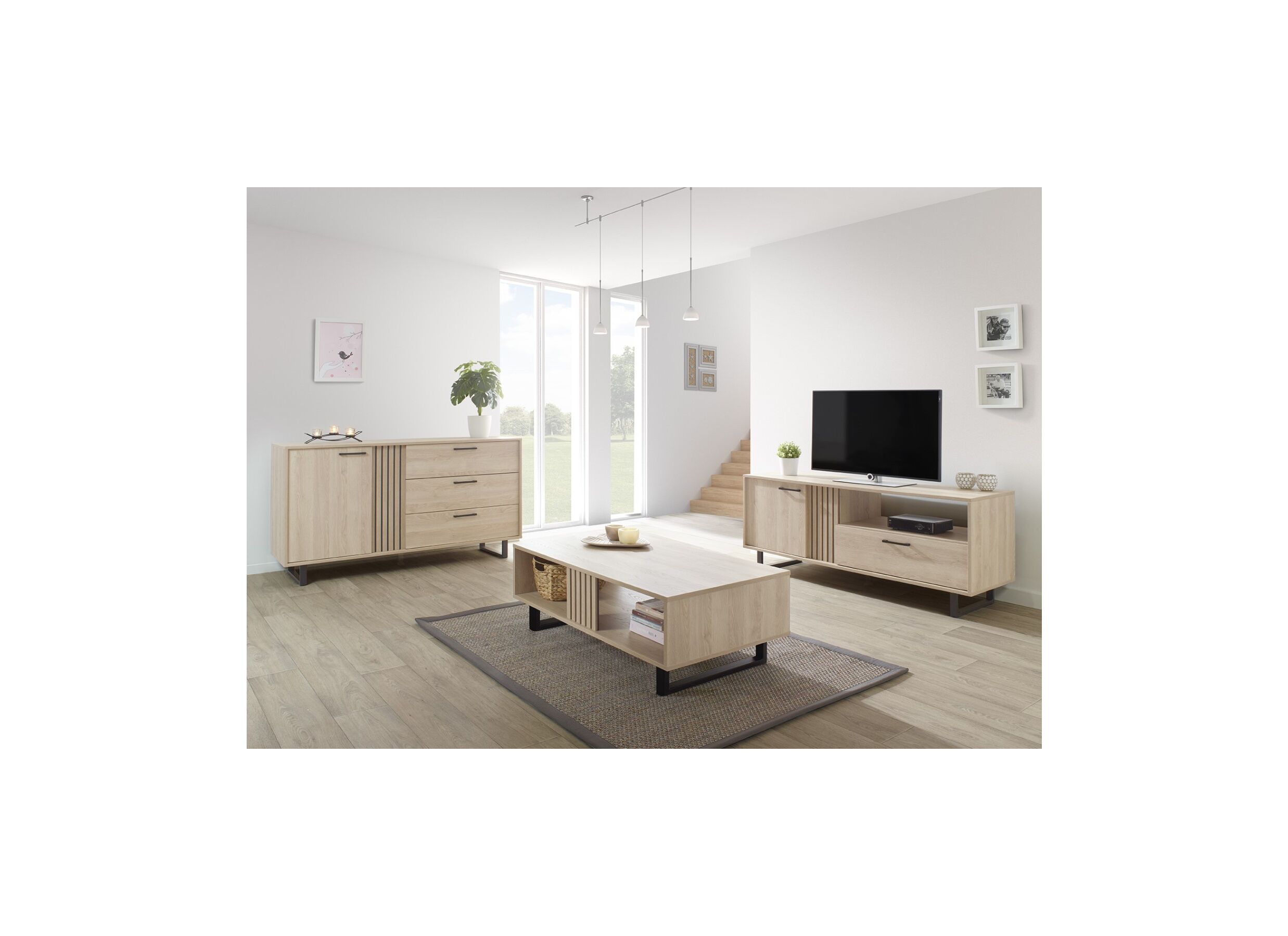 Foto ambiance - Table basse Faro 42x125cm - mélamine - chêne sable