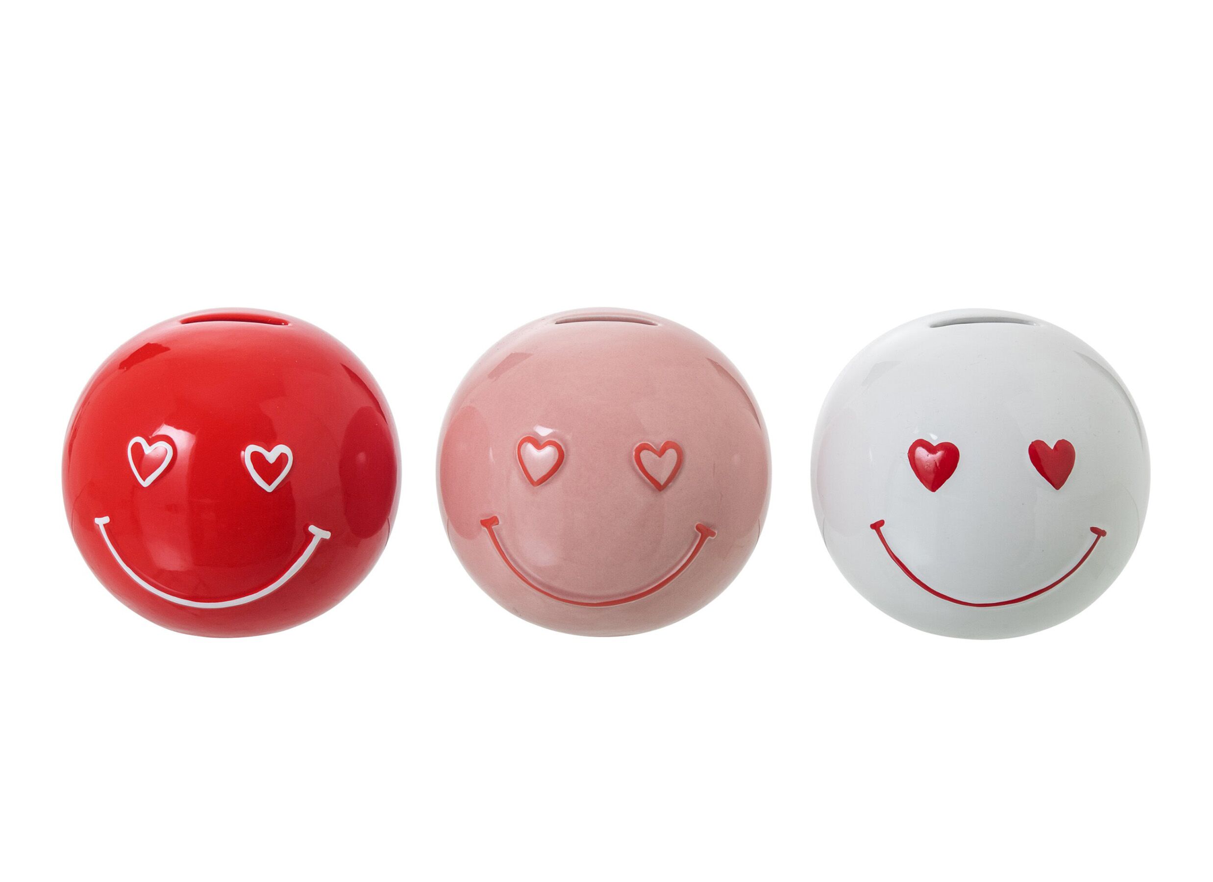 Spaarpot Smiley Hart Ø12 - Tirelire Smiley Cœur Ø12,5cm - porcelaine - blanc & rose & rouge