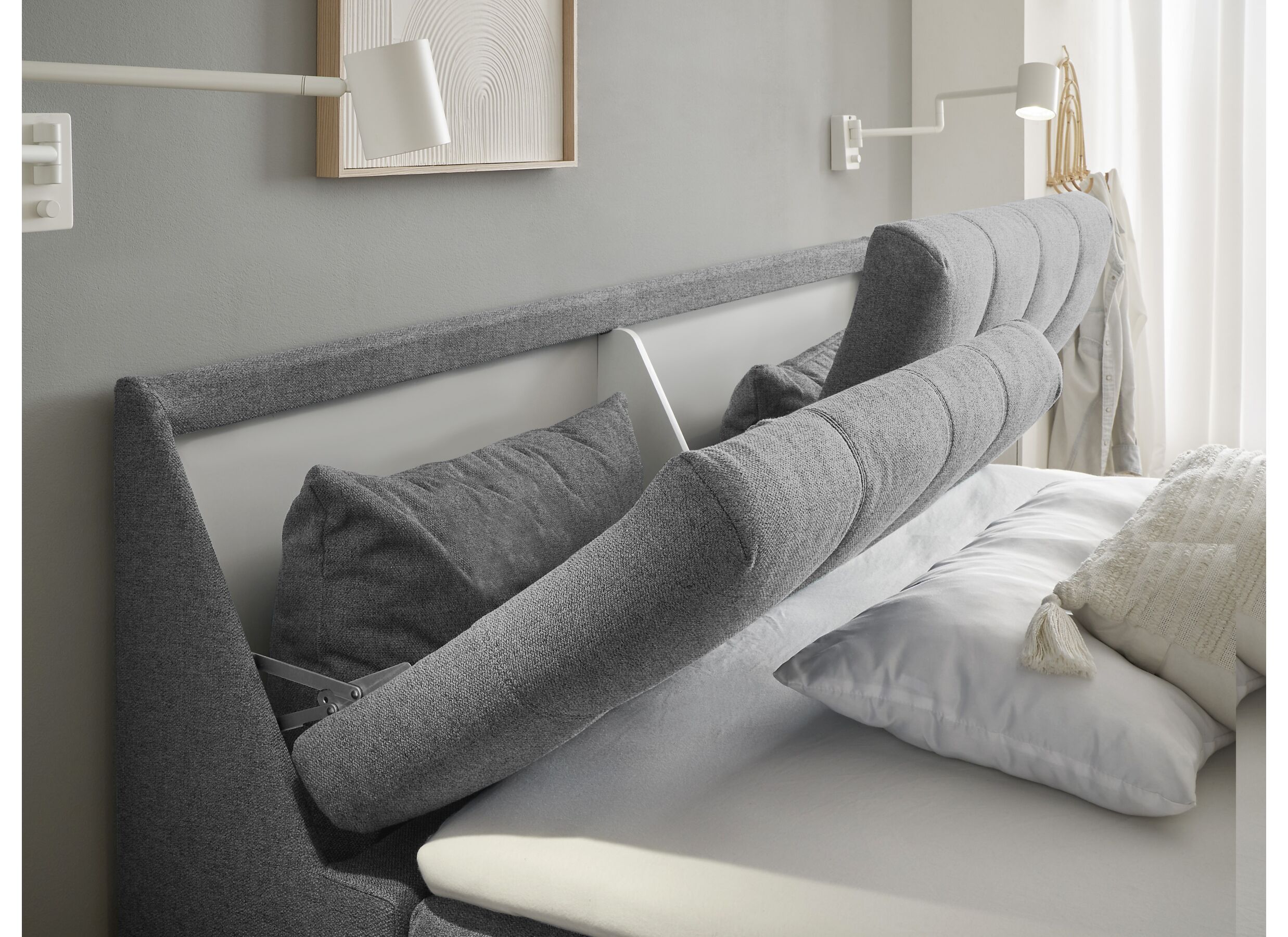 Foto ambiance - Lit box Atlantis 160x200cm avec rangement tissu gris foncé