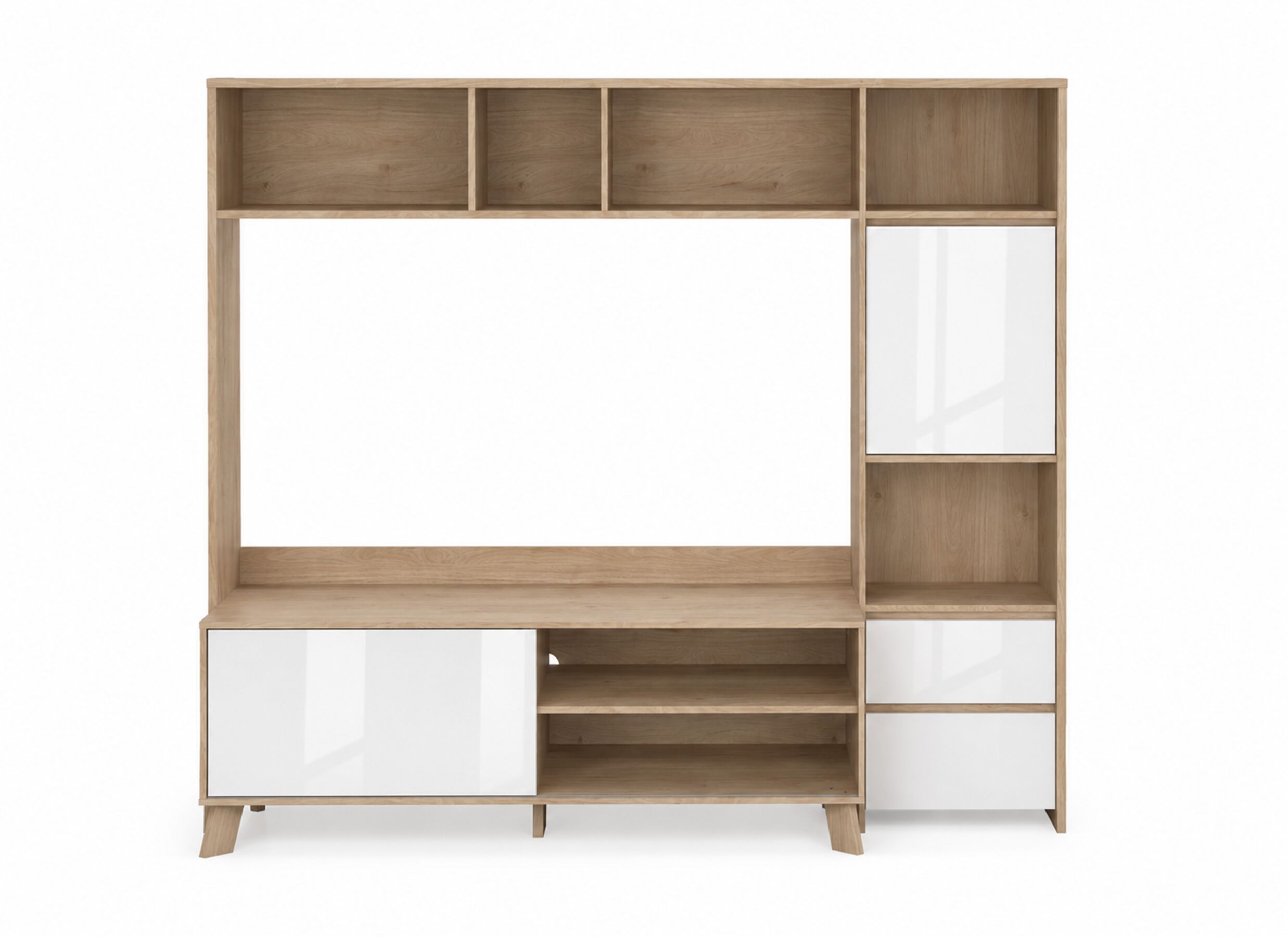 Aperçu - Meuble TV mural Next 209cm - mélamine - blanc brillant & jackson hickory
