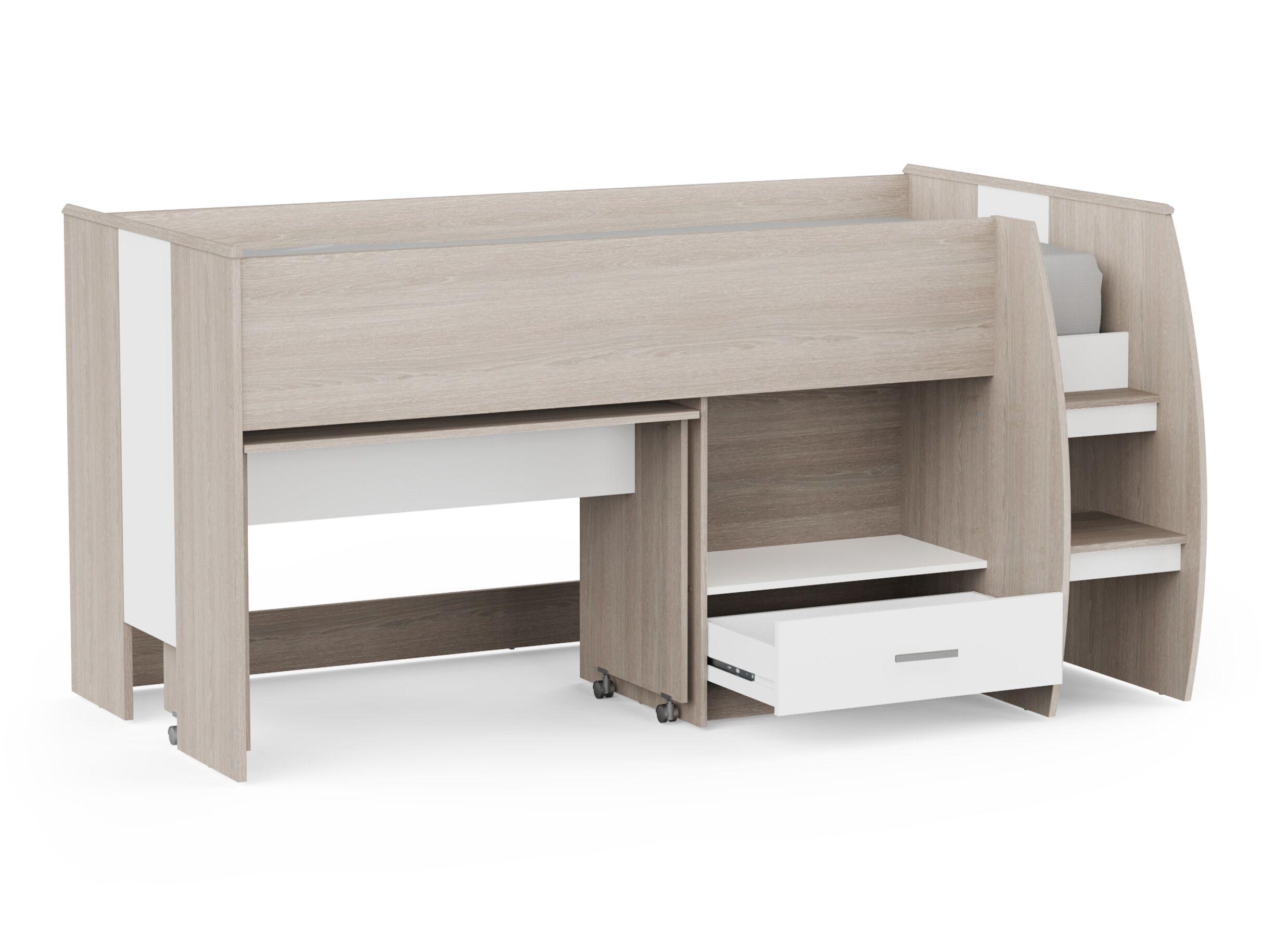 Aperçu - Lit mi-hauteur avec bureau Nano 90x200cm - décor - chêne shannon & blanc