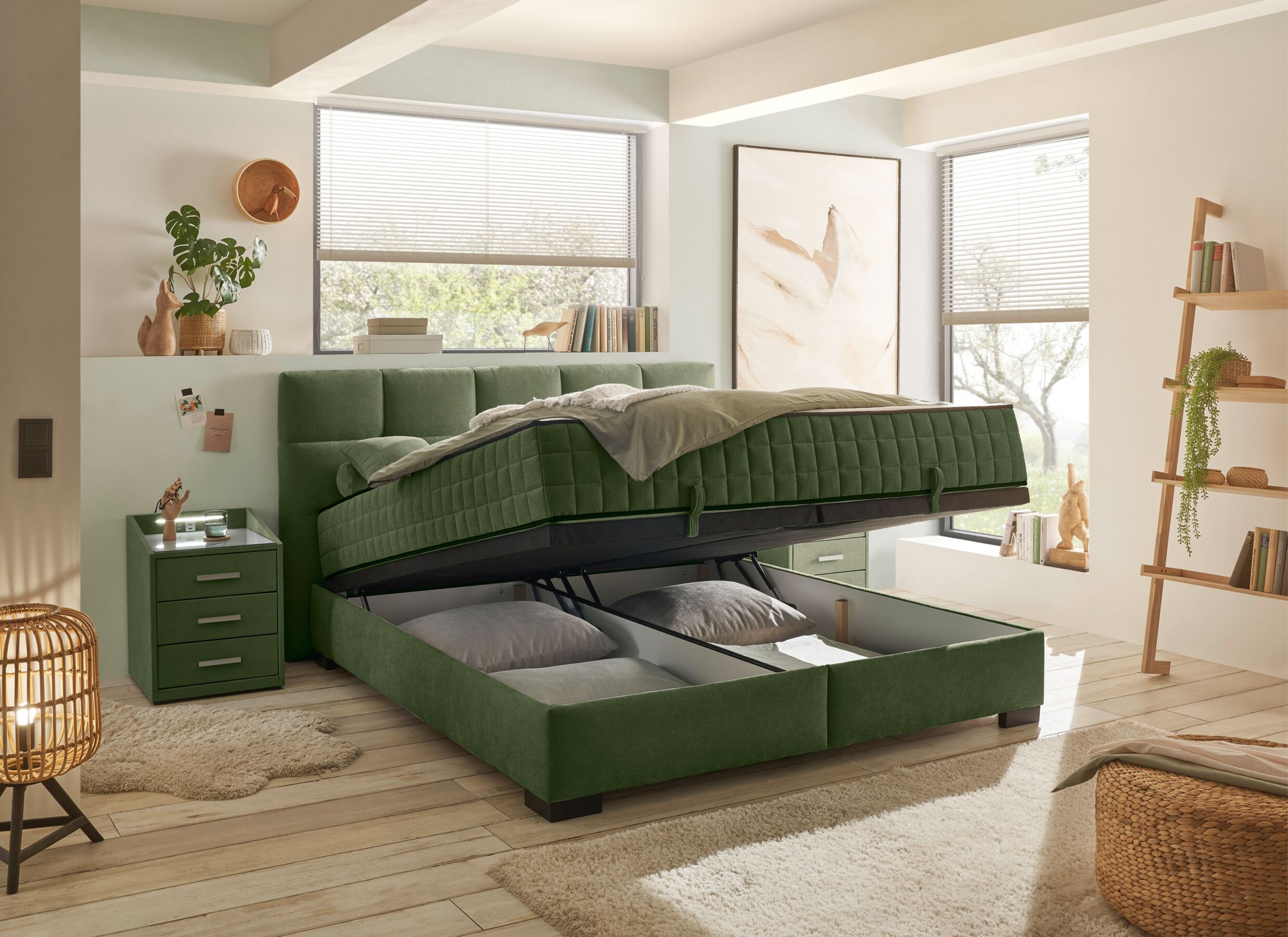 Foto ambiance - Lit box Nagol A 160x200cm - tissu - vert avec rangement