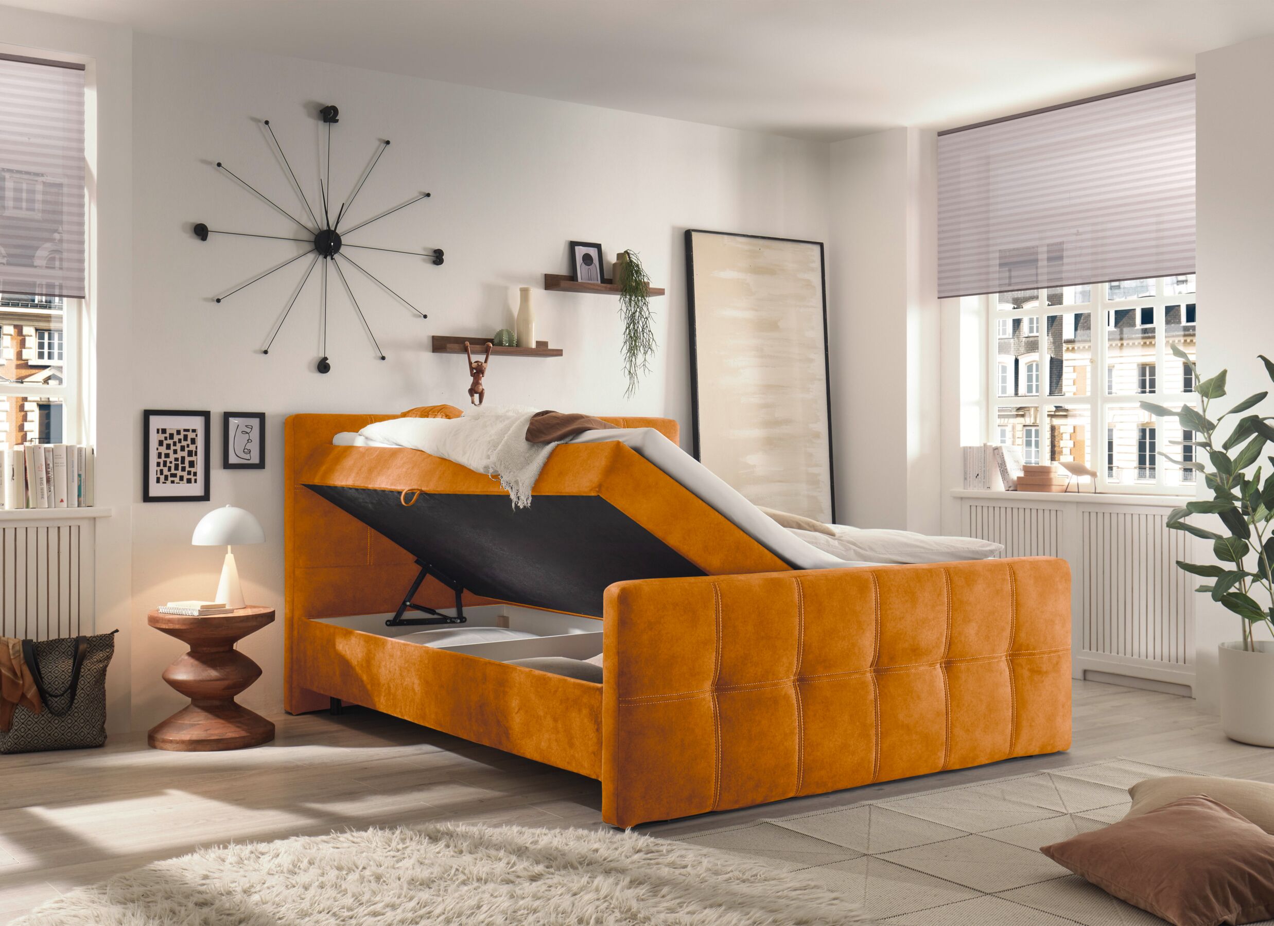 Sfeerfoto - Bedbox Valetta 160x200cm - stof - amber met opbergruimte