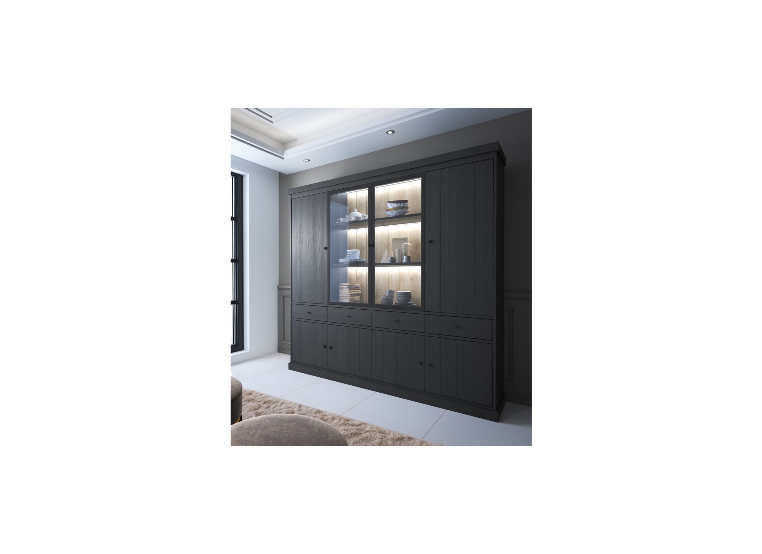 Vitrinekast Valencia 240cm - decor - zwarte eik