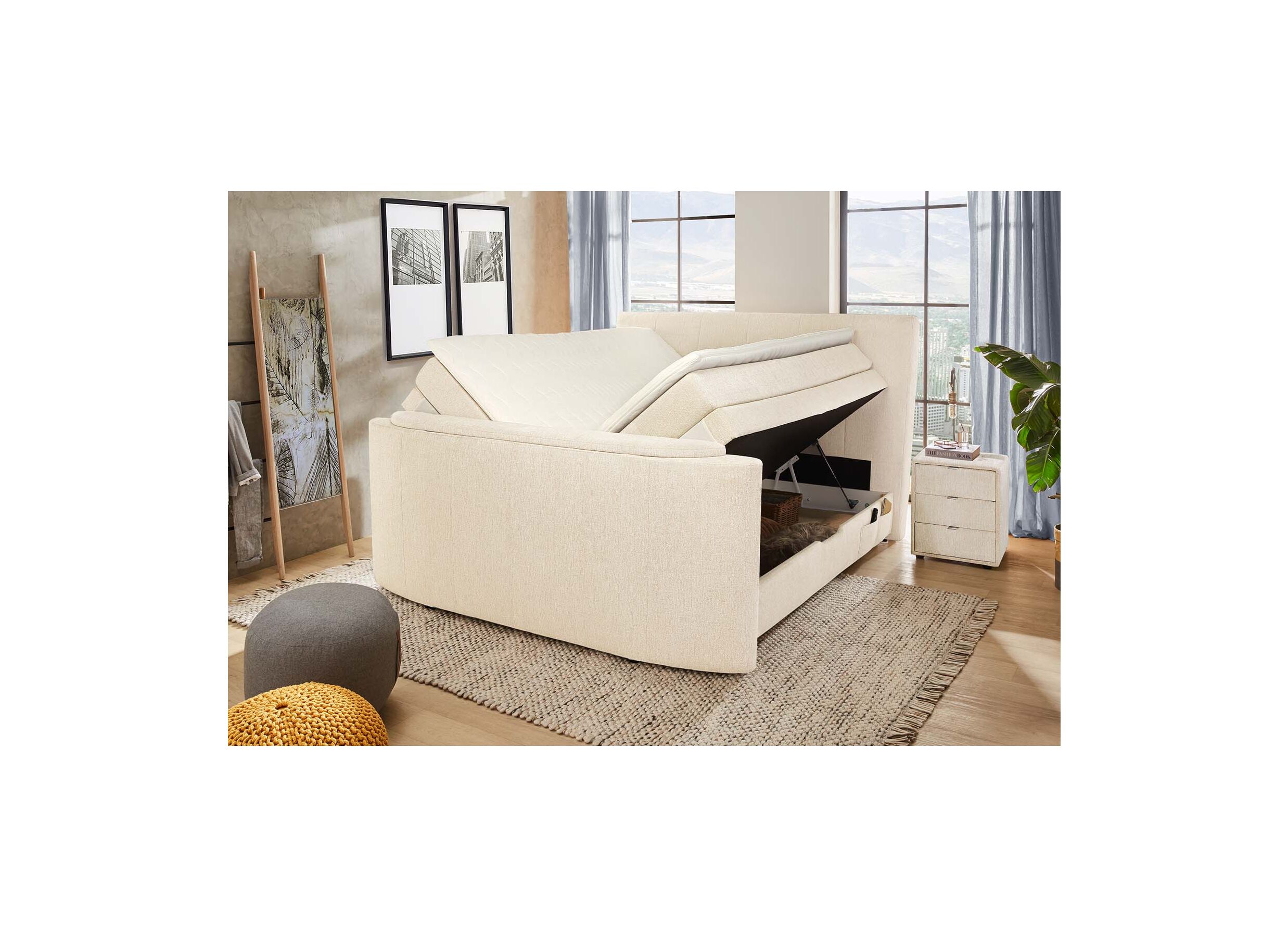 Aperçu - Boxspring Belair Max 180x200cm avec ascenseur TV et rangement tissu écru