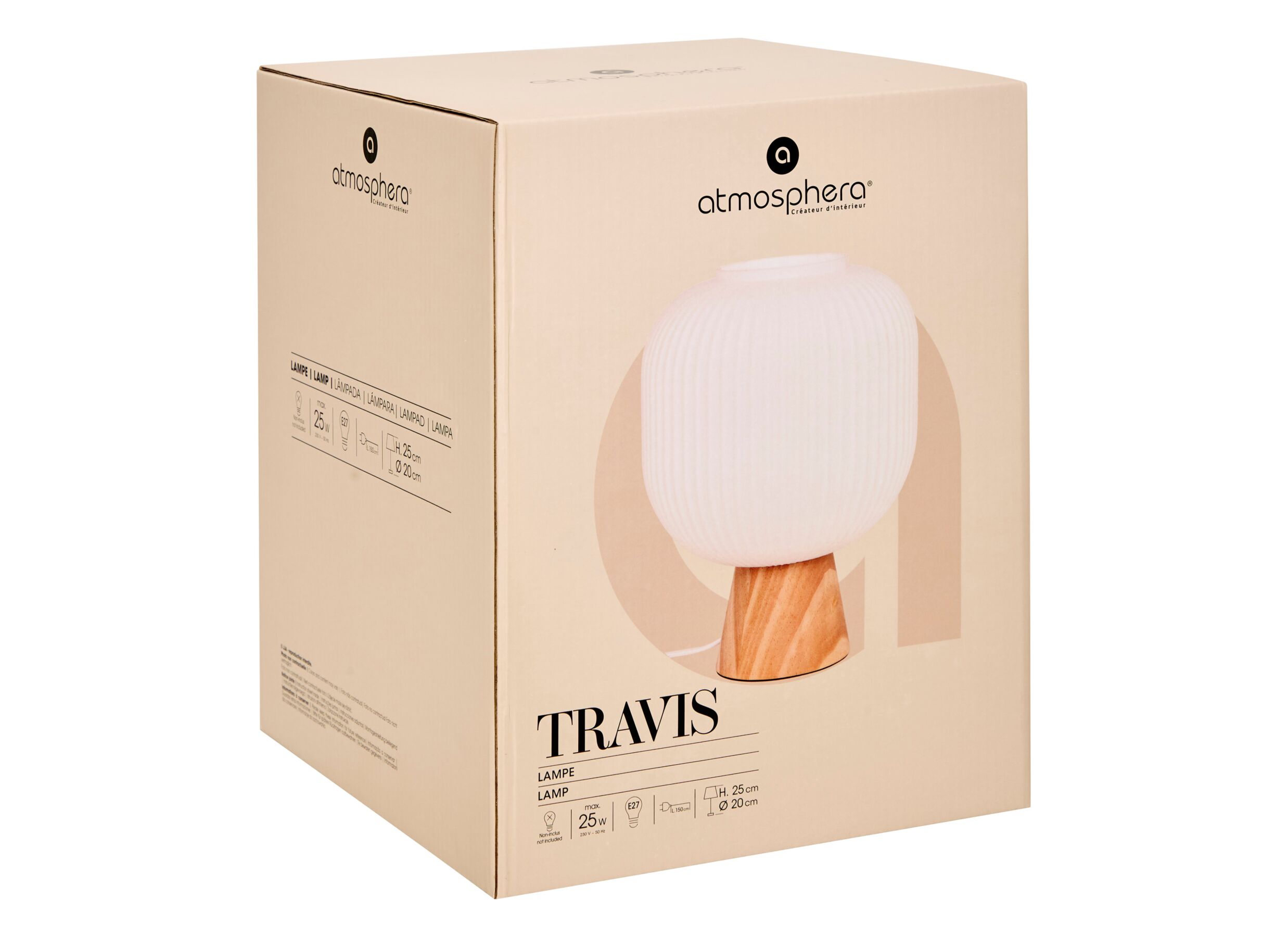 Aperçu - Lampe de table Travis Ø20xH25cm - verre & bois de pin - blanc & naturel