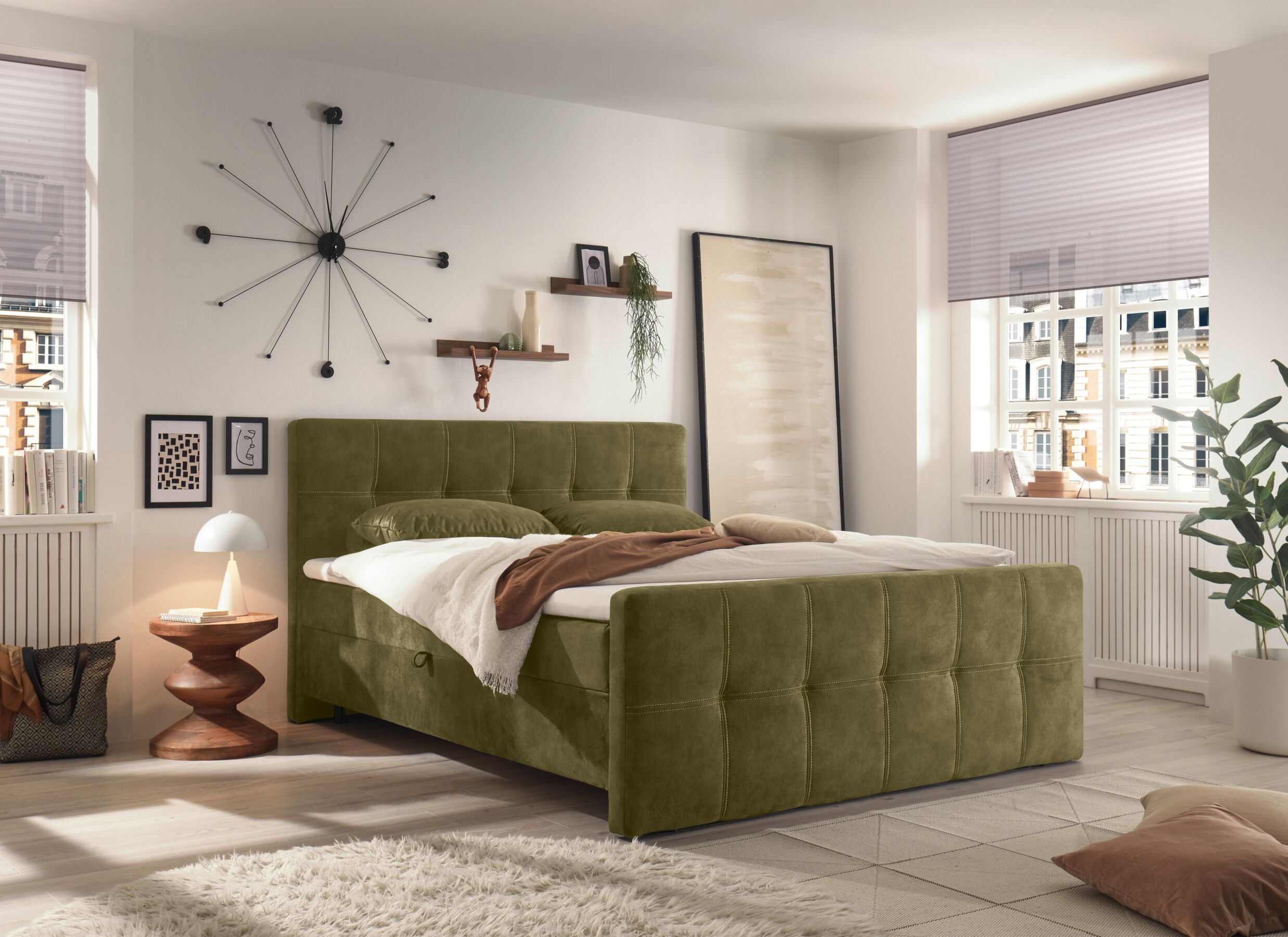 Sfeerfoto - Bedbox Valetta 160x200cm - stof - olijf met opbergruimte