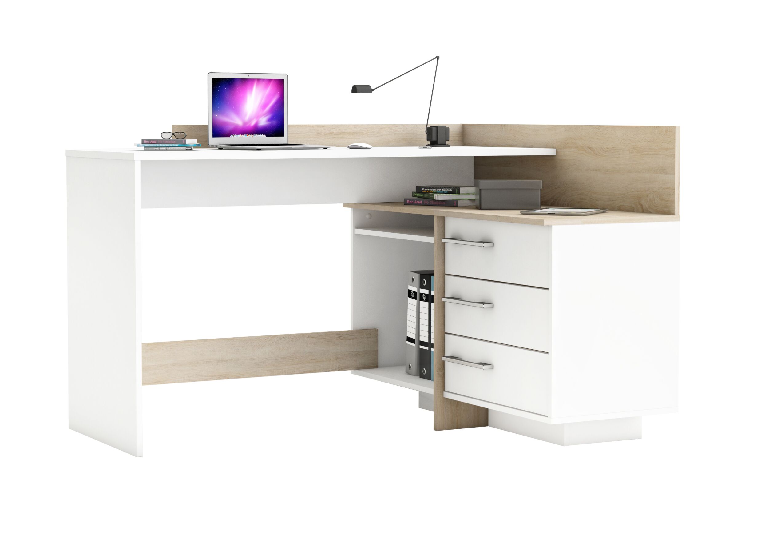 Hoekbureau Thales 128x106x83,5cm - decor - brushed oak & white pearl