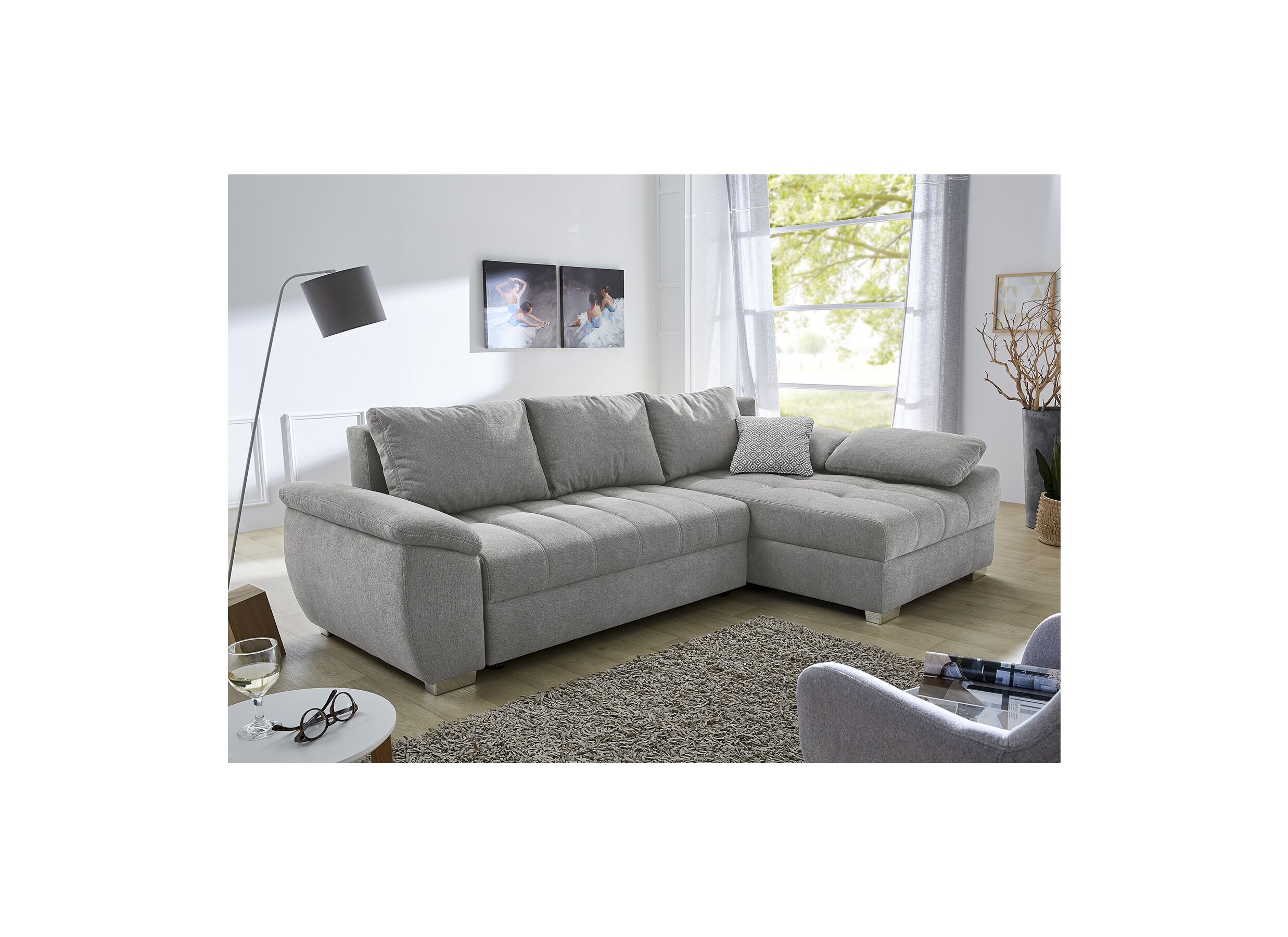 Canapé d'angle Alster 268x161cm - tissu - gris avec fonction lit