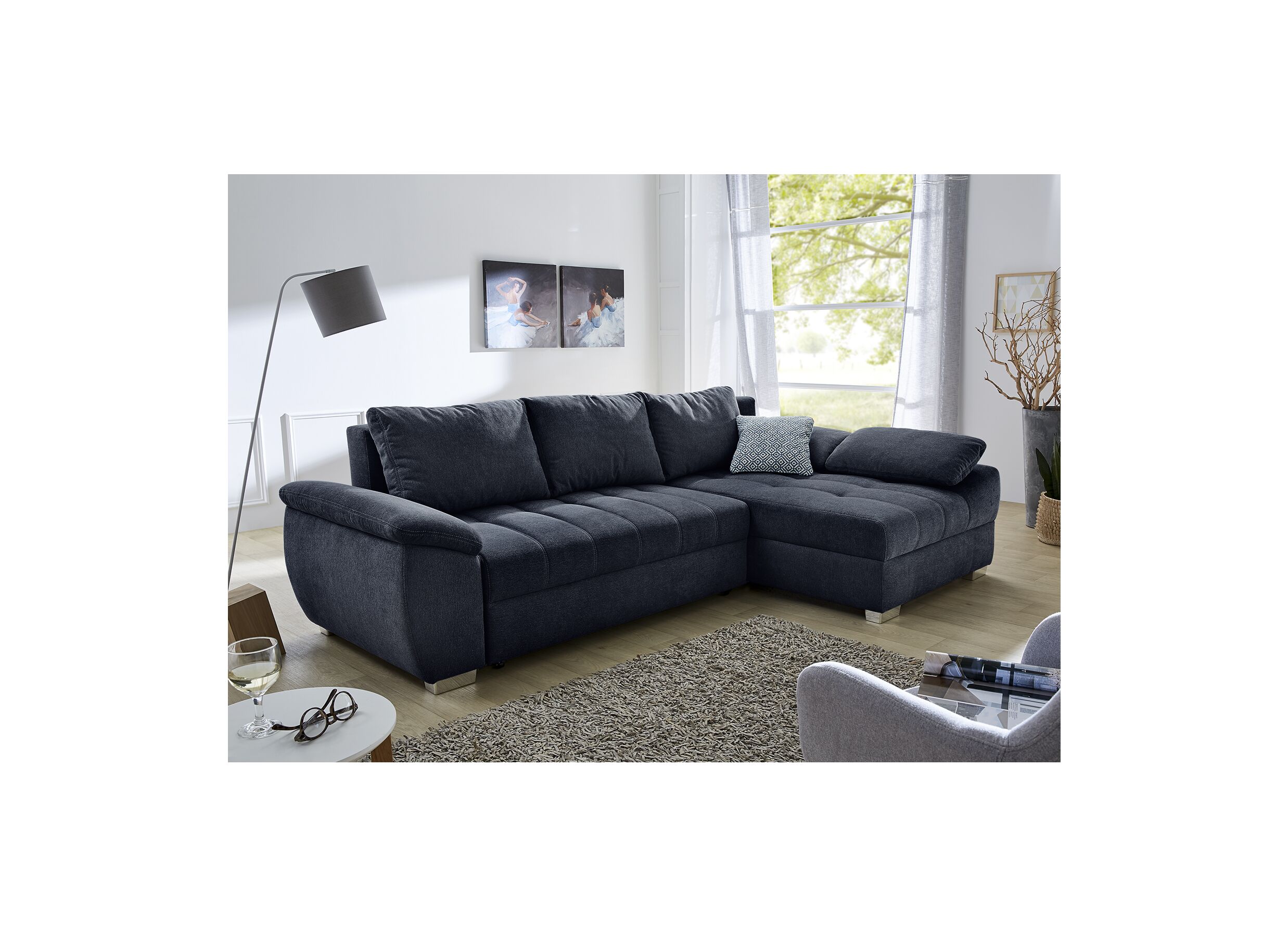 Canapé d'angle Alster 268x161cm - tissu - bleu foncé avec fonction lit
