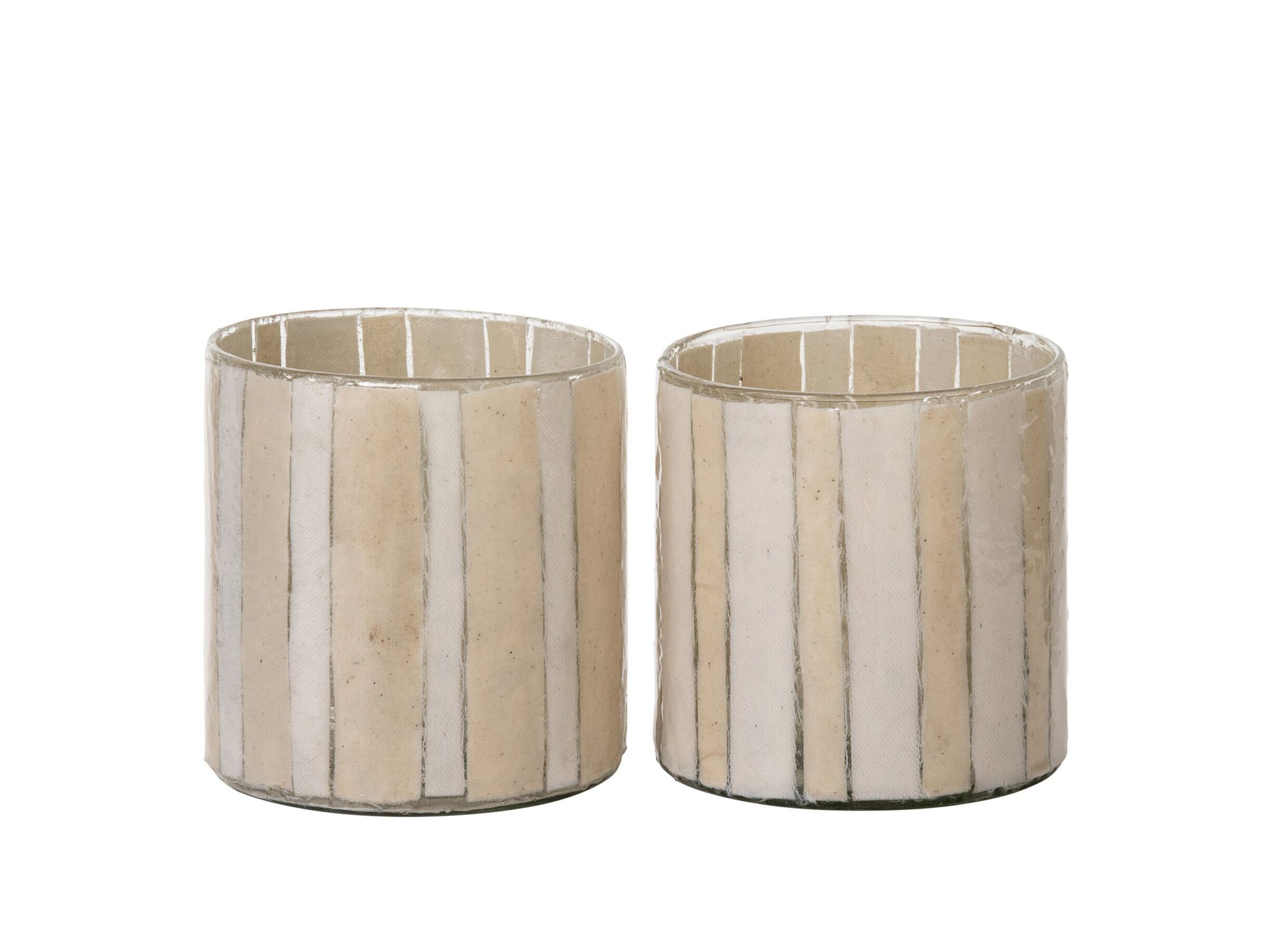 Theelichthouder Cilinder Gestreept Ø12x12cm - glas - ecru & beige set van 2 - Photophore Cylindre Rayé Ø12x12cm - verre - écru & beige lot de 2