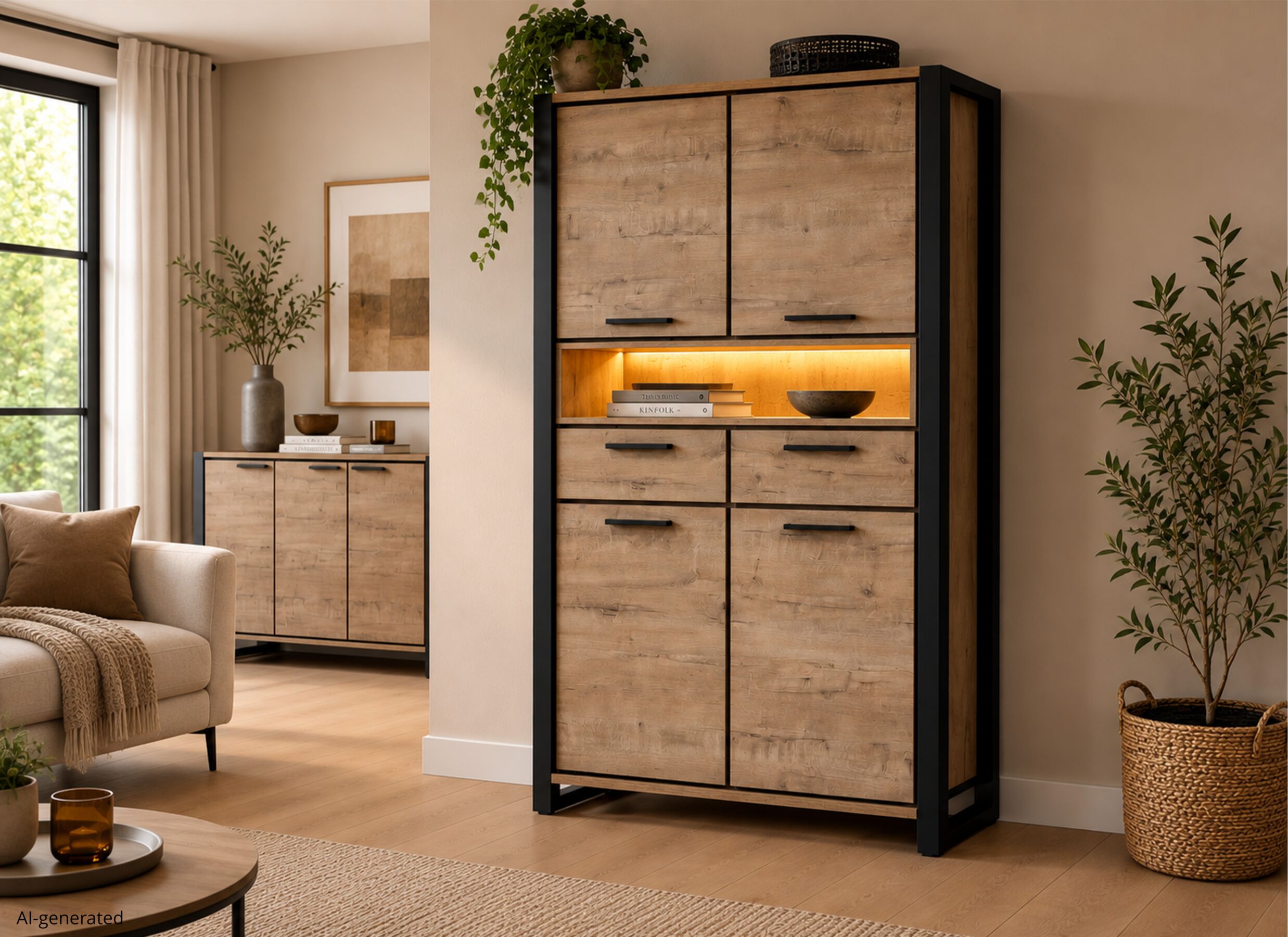 AI Generated - Kast Cronos 130x45x200cm - decor eik - naturel