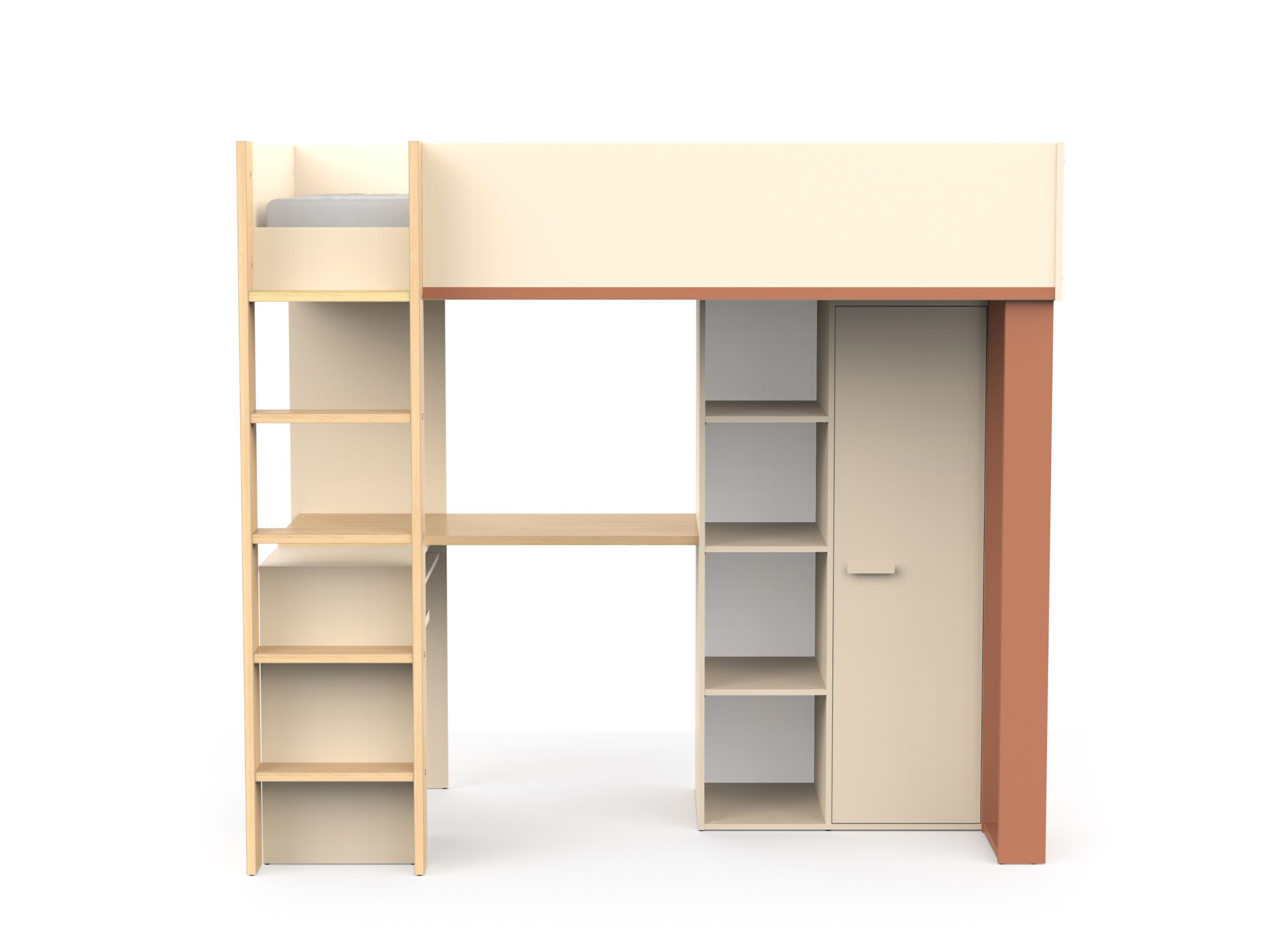 Overzichtsfoto - Hoogslaper Camilia 90x200cm - decor - zand beige met bureau en opbergruimte