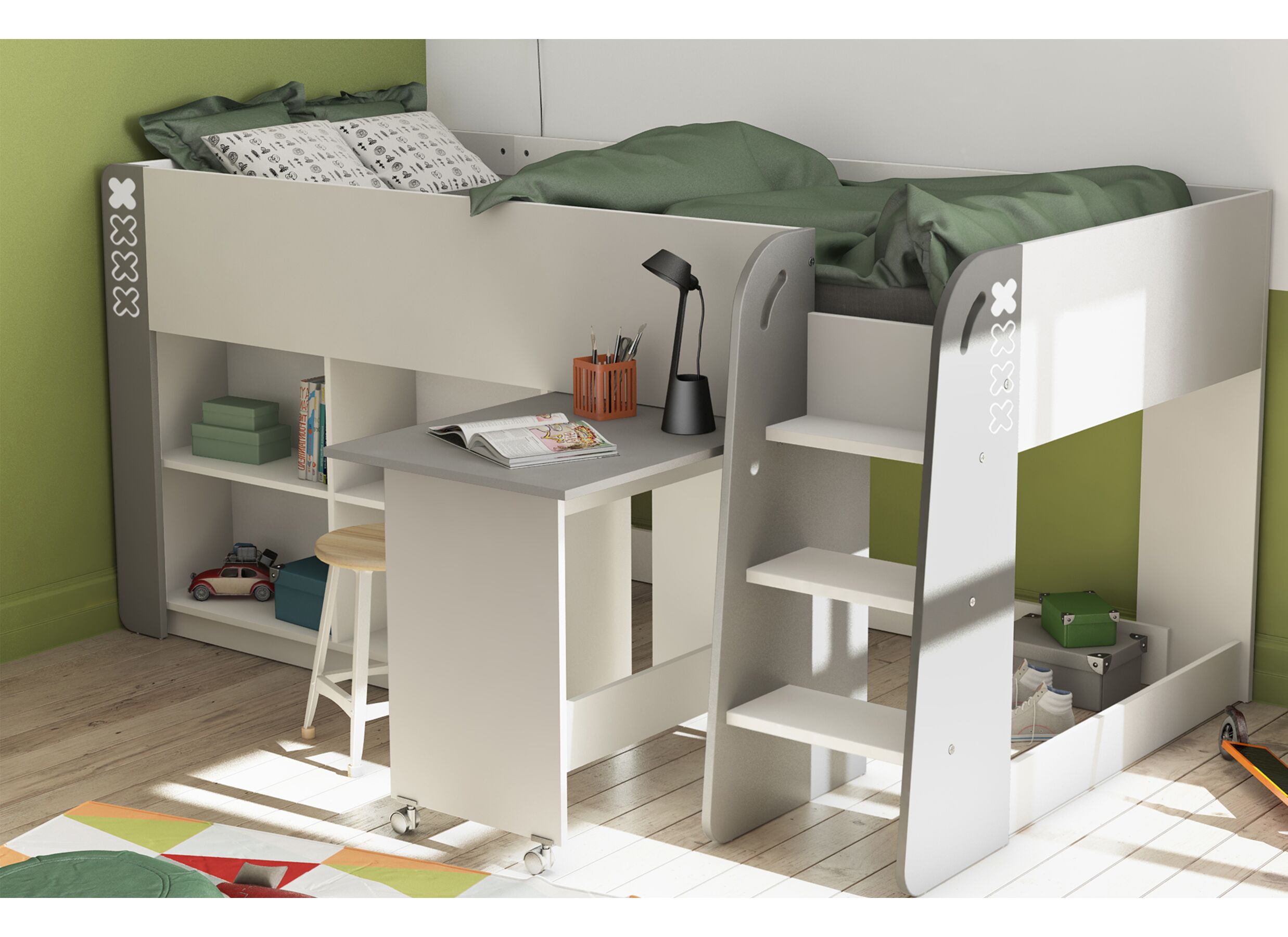 Lit mi-hauteur Hampton 90x200cm blanc gris