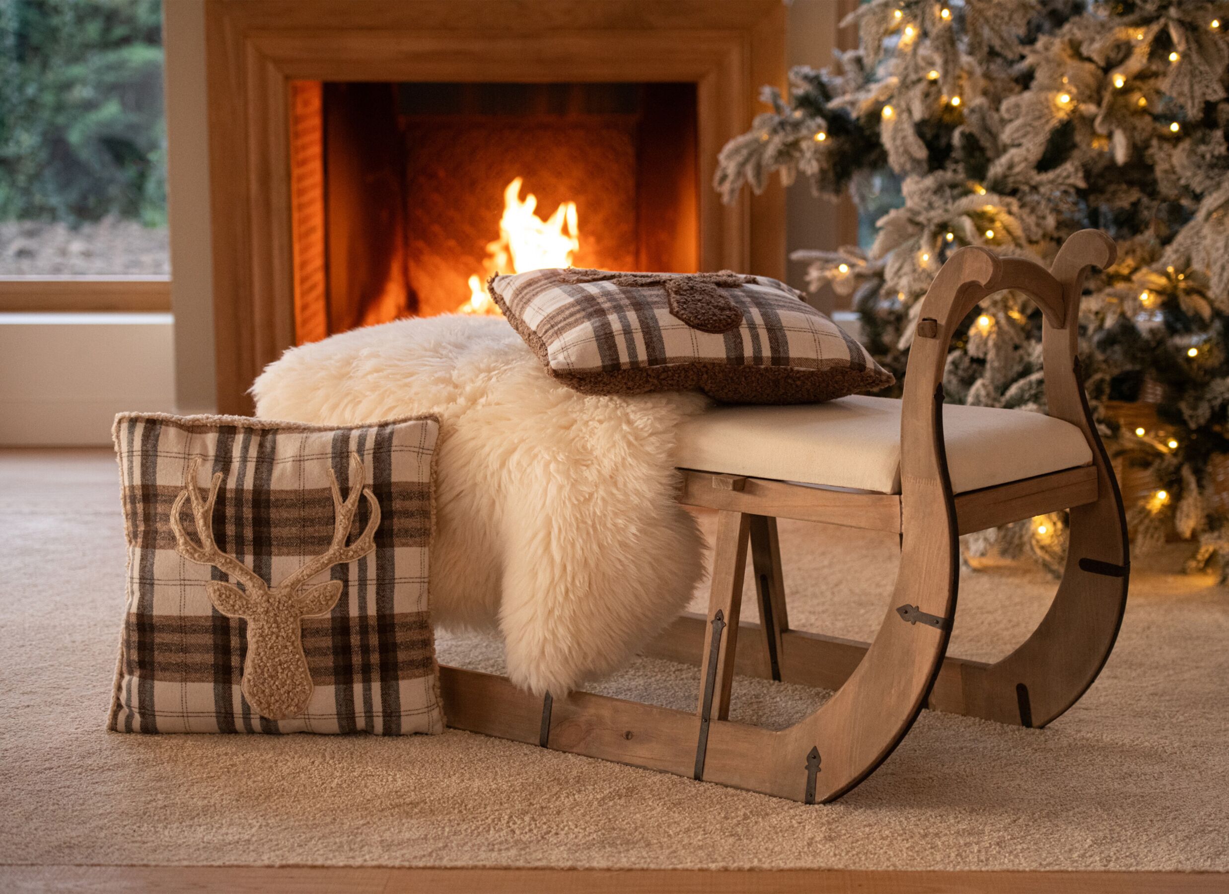 Foto ambiance - Coussin Quadrille Renne 45x45cm - tissu - beige & marron