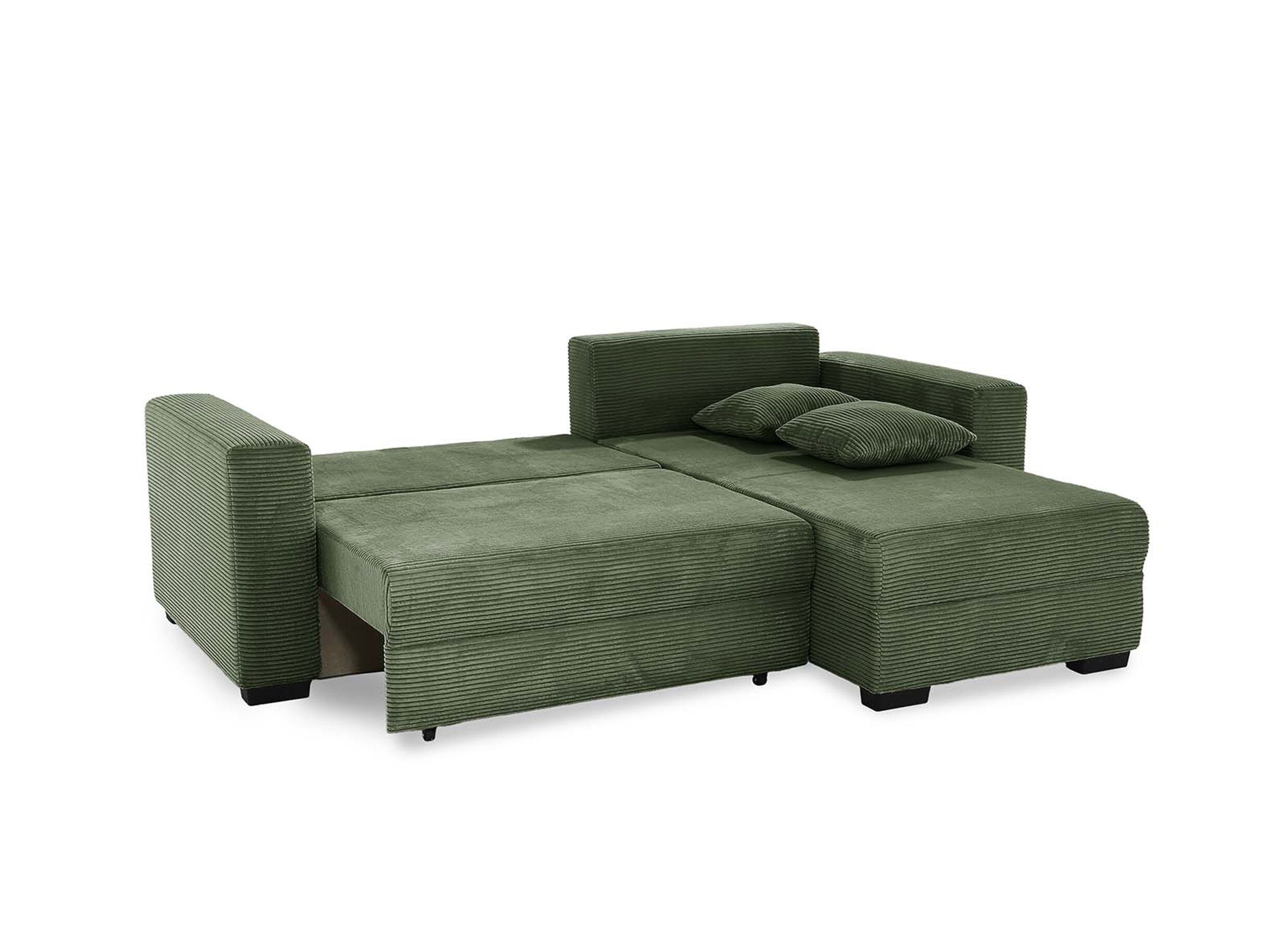 Overzichtsfoto - Hoeksalon Elmau 235x169cm - stof - groen met bedfunctie en opbergruimte