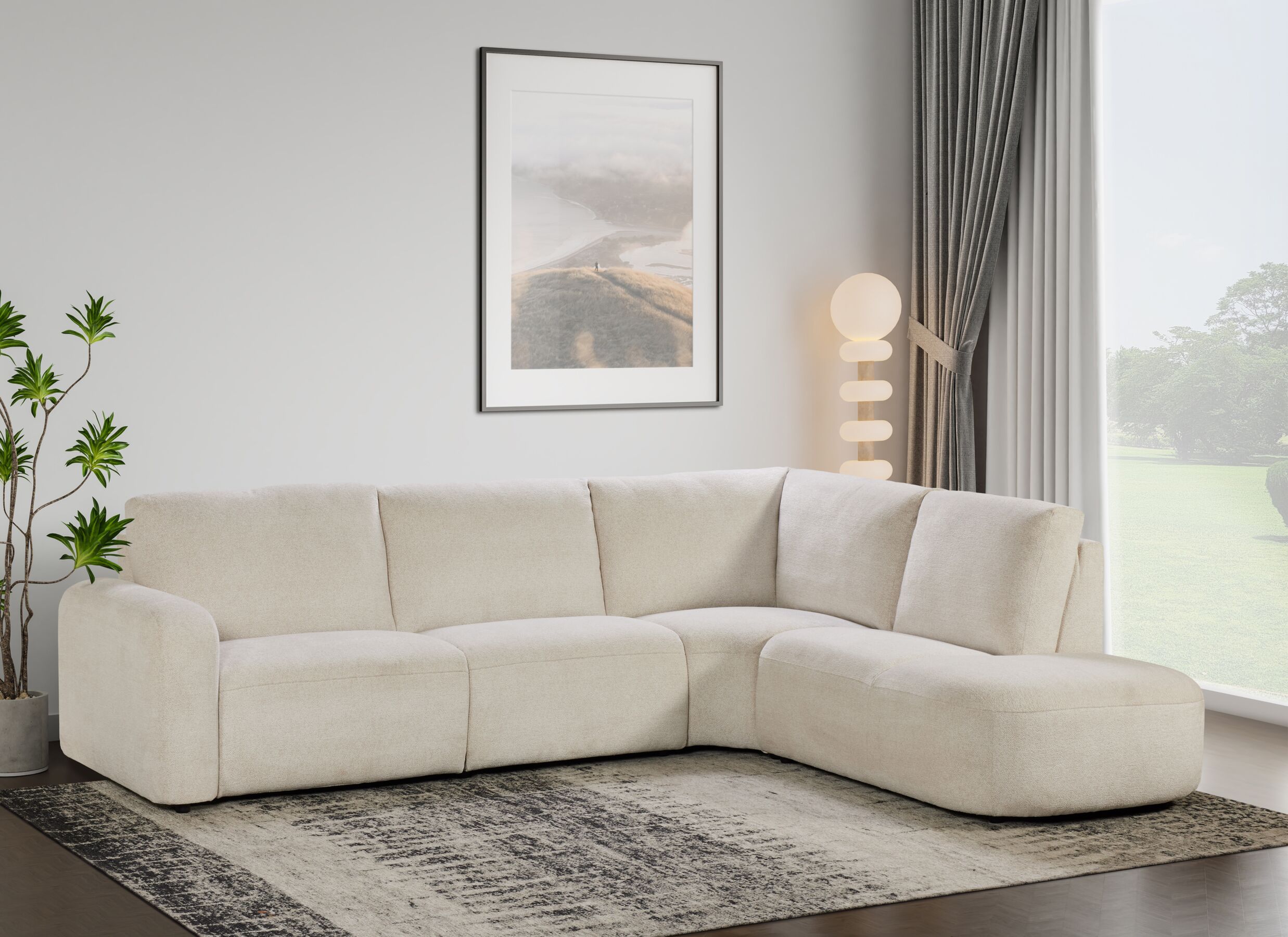 Foto ambiance - Canapé d'angle Marit 298x235cm - tissu - écru avec relax