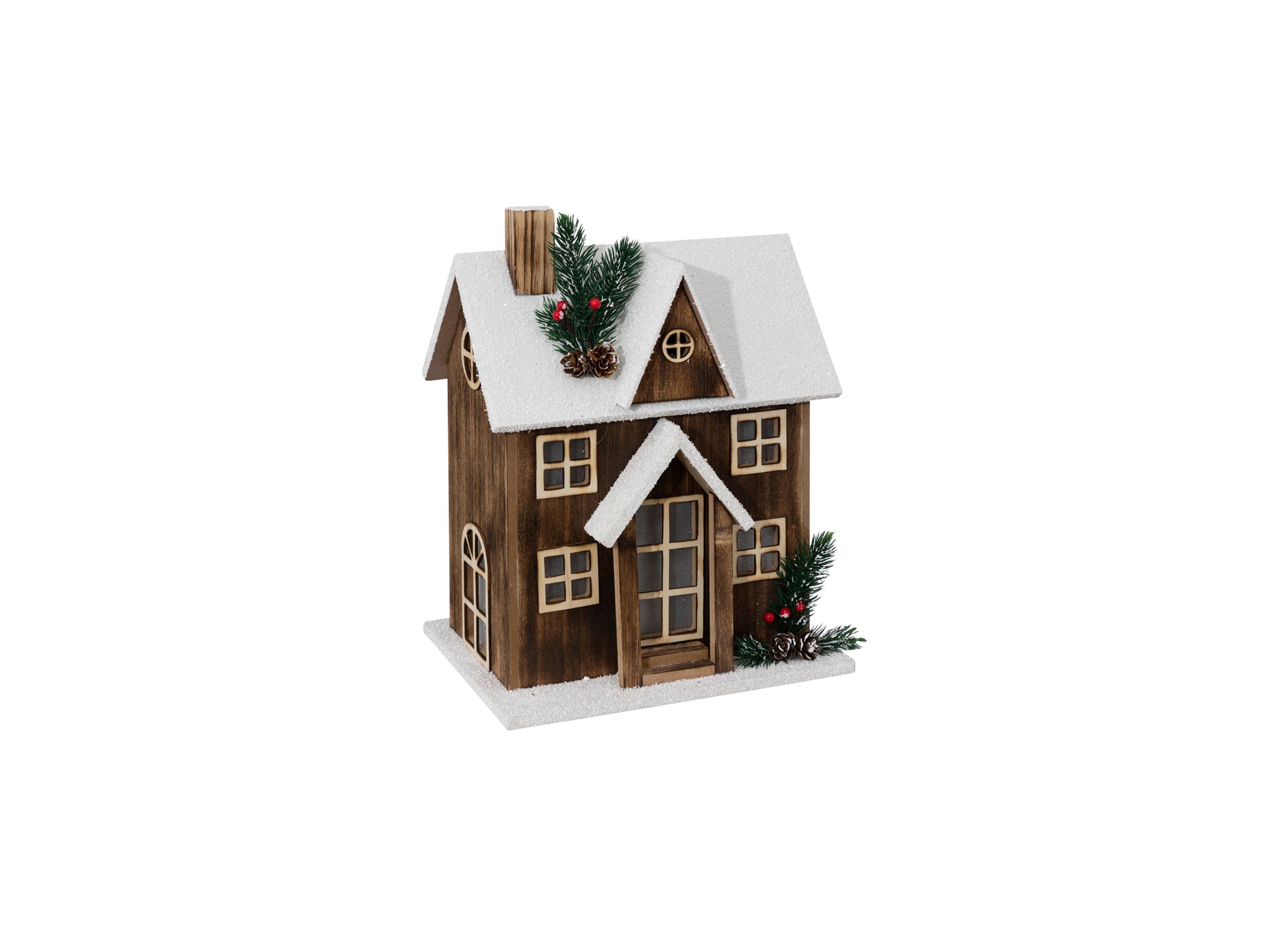 Kerstdecoratie Houten Sneeuwhuisje met LED H34cm - Décoration de Noël Maison de Neige en Bois avec LED H34cm