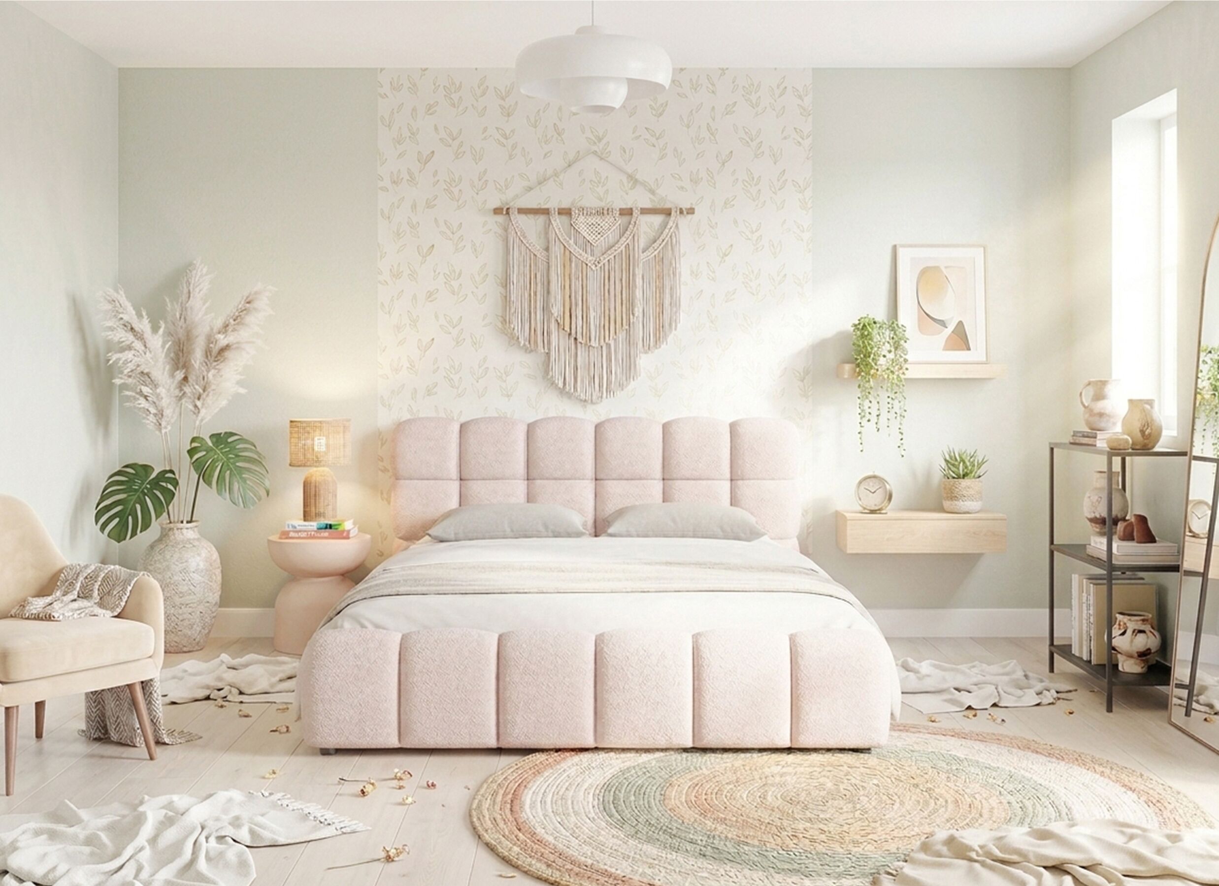 AI Generated - Gestoffeerd bed Journey 160x200cm - bouclé - roze met opbergruimte