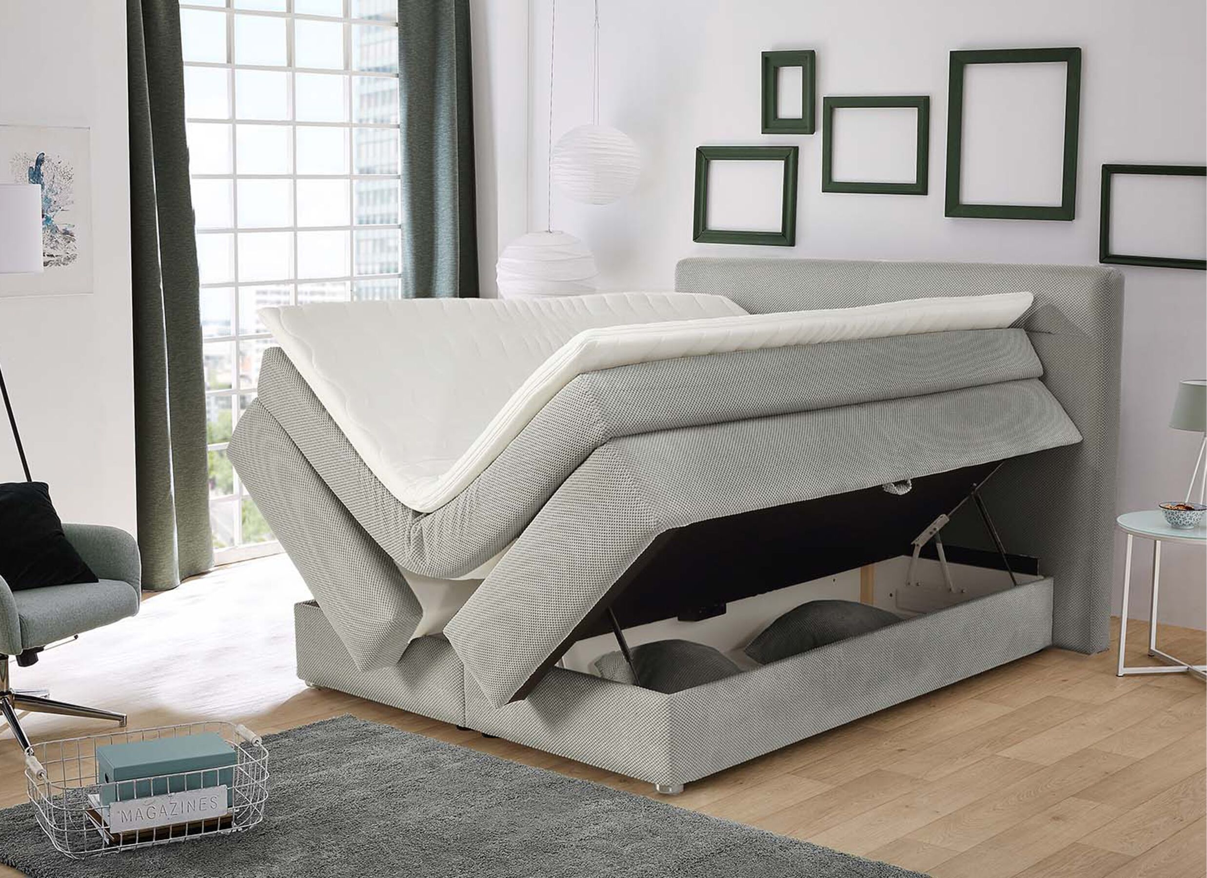 Sfeerfoto - Boxspring Simone 160x200cm - stof - lichtgrijs met opbergruimte