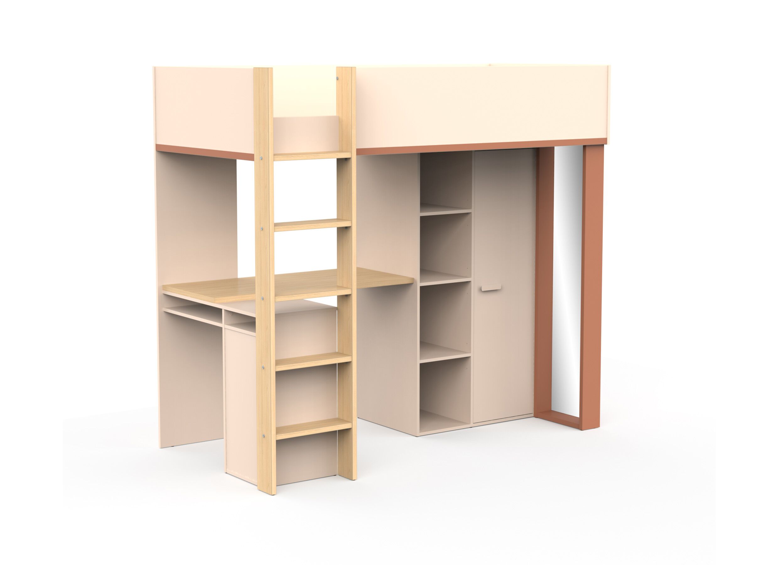 Overzichtsfoto - Hoogslaper Camilia 90x200cm - decor - zand beige met bureau en opbergruimte