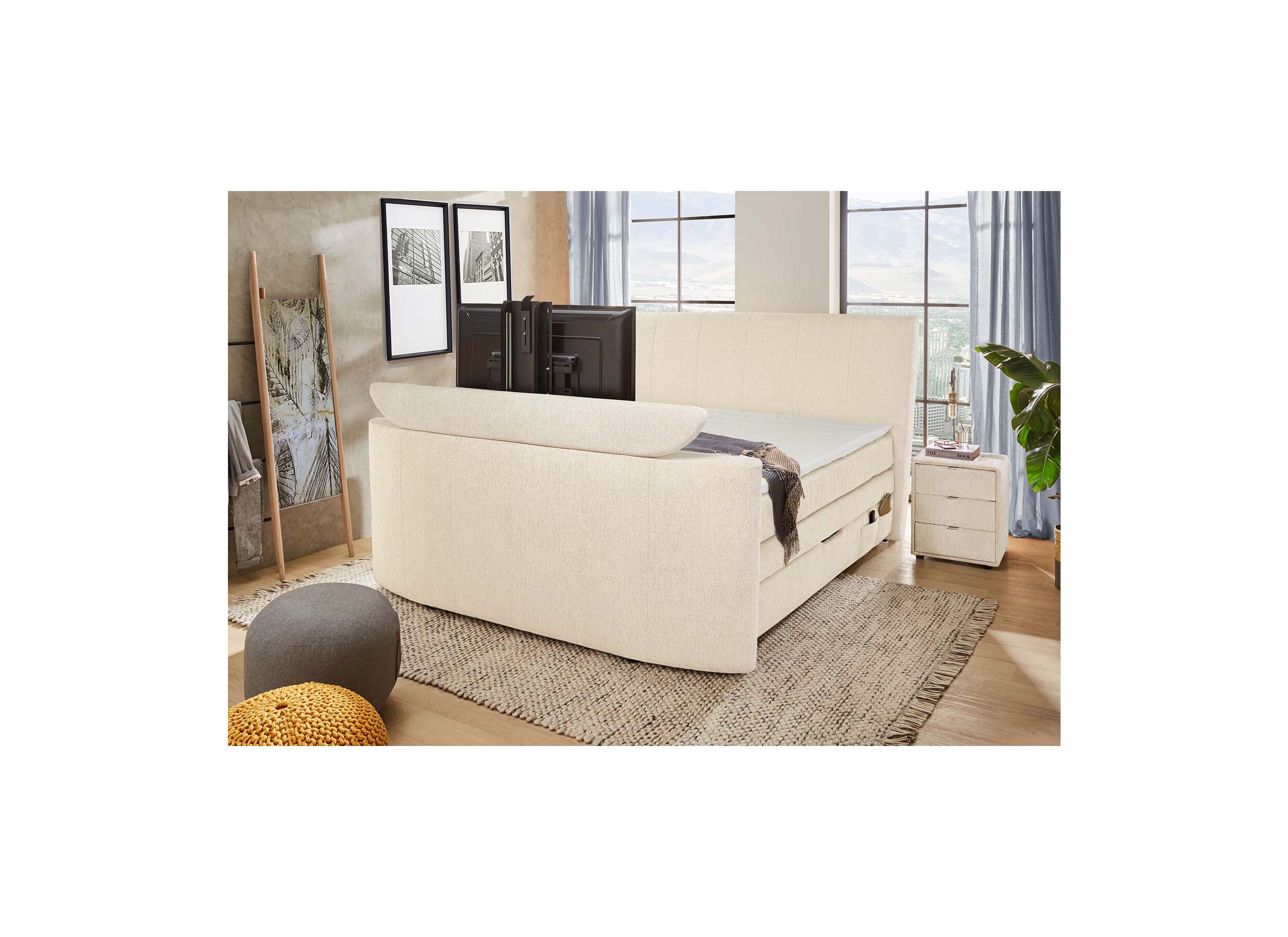 Aperçu - Boxspring Belair Max 180x200cm avec ascenseur TV et rangement tissu écru