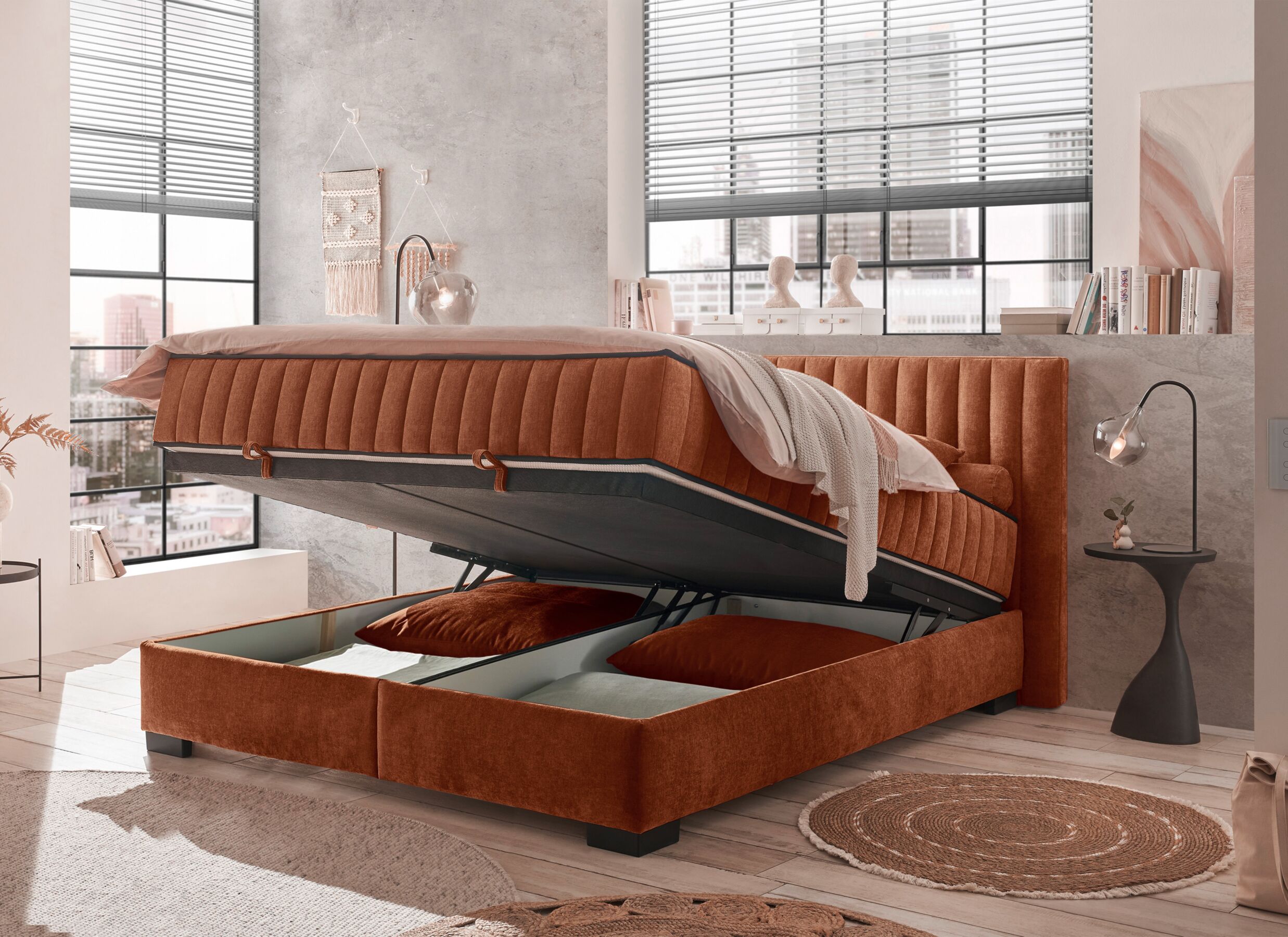 Foto ambiance - Lit box Nagol C 160x200cm - tissu - cognac avec rangement