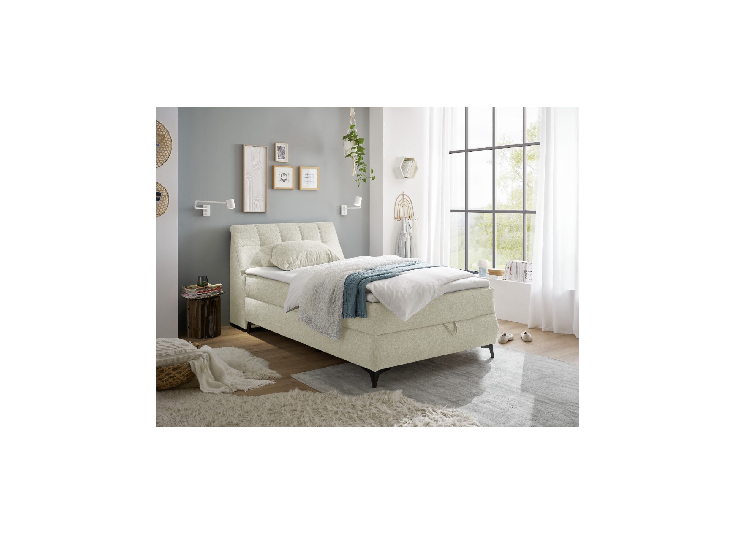 Foto ambiance - Lit box Atlantis 120x200cm avec rangement tissu ivoire