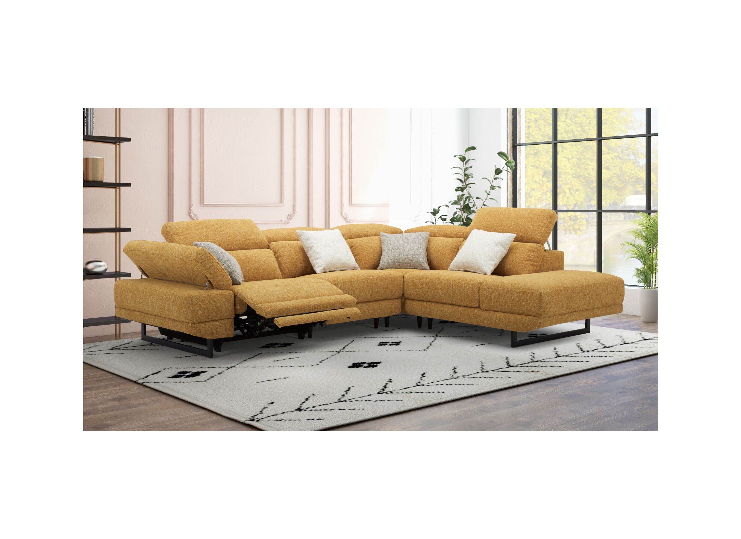 Foto ambiance - Canapé d'angle Exeter 299x240cm - tissu - chacha jaune avec relax