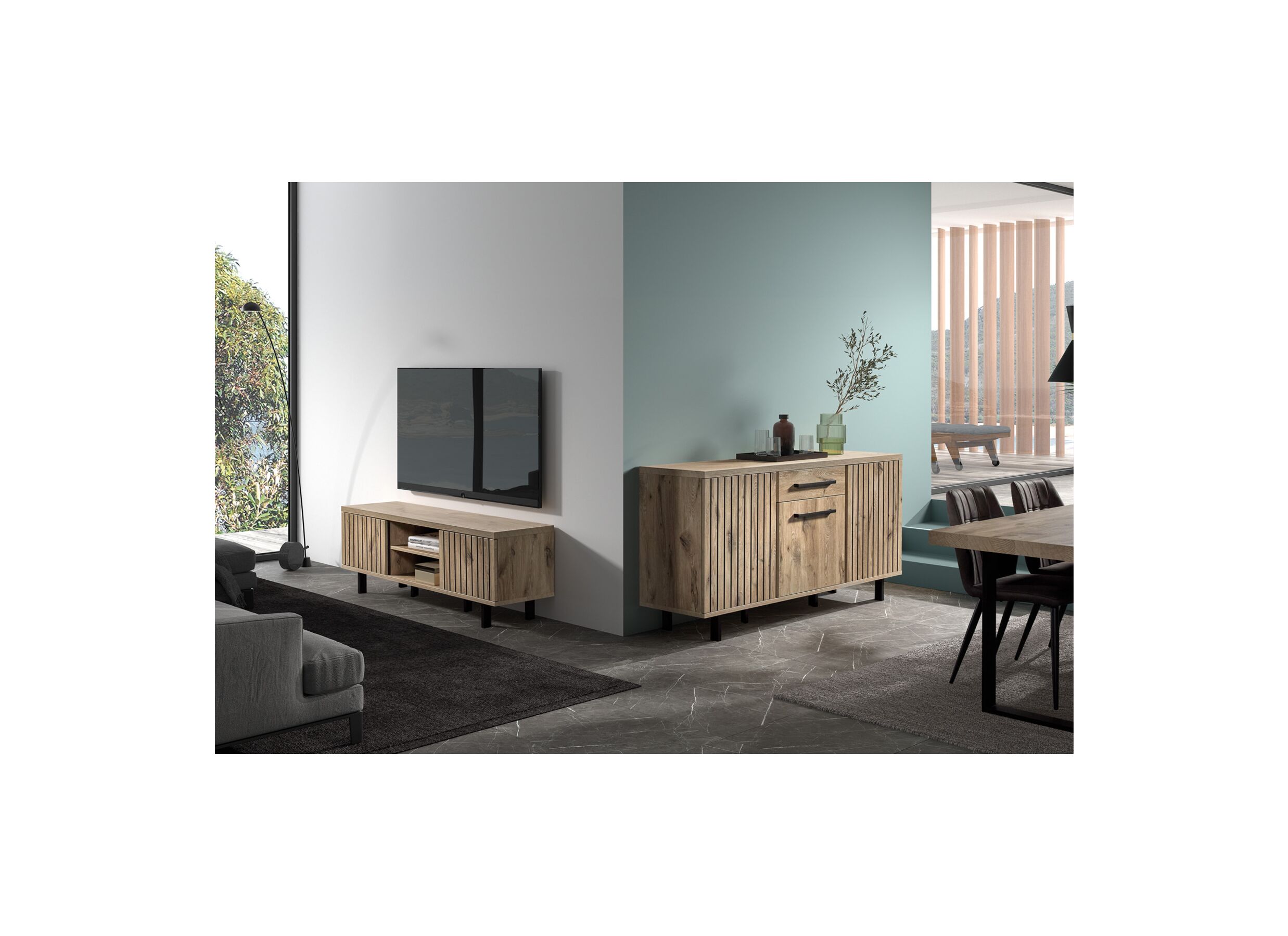 Photo ensemble - Buffet Tim 180cm - film décoratif - canyon oak