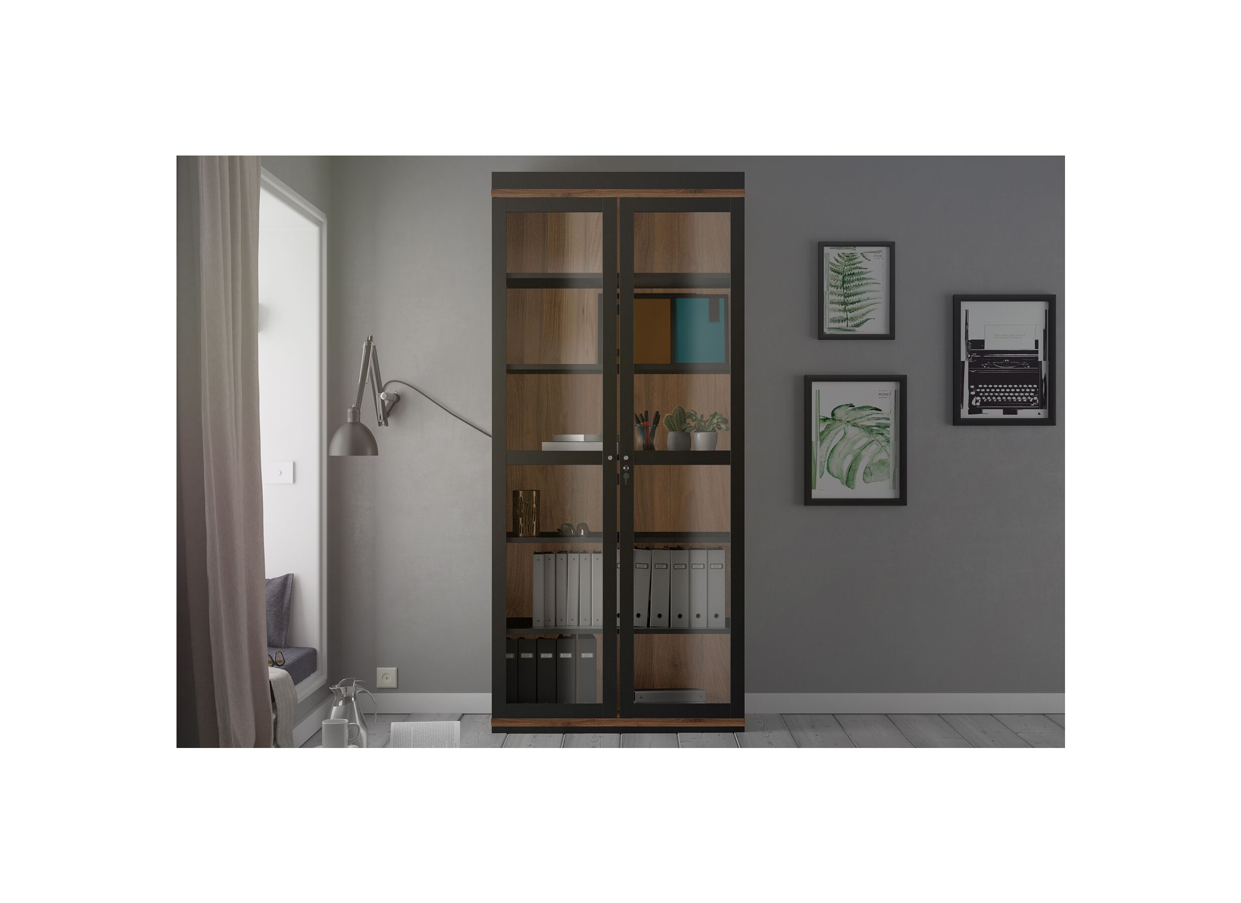 Vitrinekast Roomers 89cm - decor - zwart/walnoot