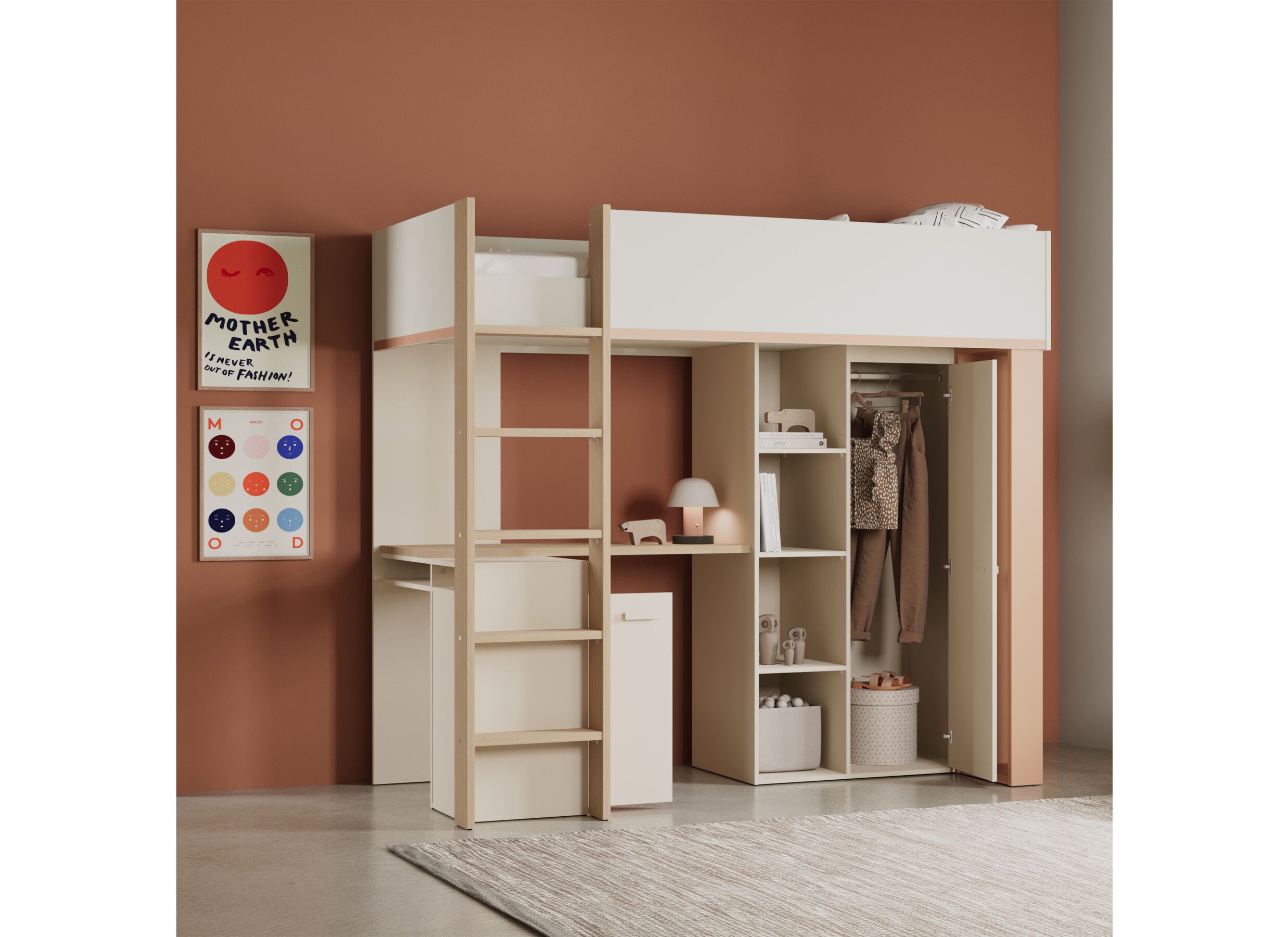 Sfeerfoto - Hoogslaper Camilia 90x200cm - decor - zand beige met bureau en opbergruimte