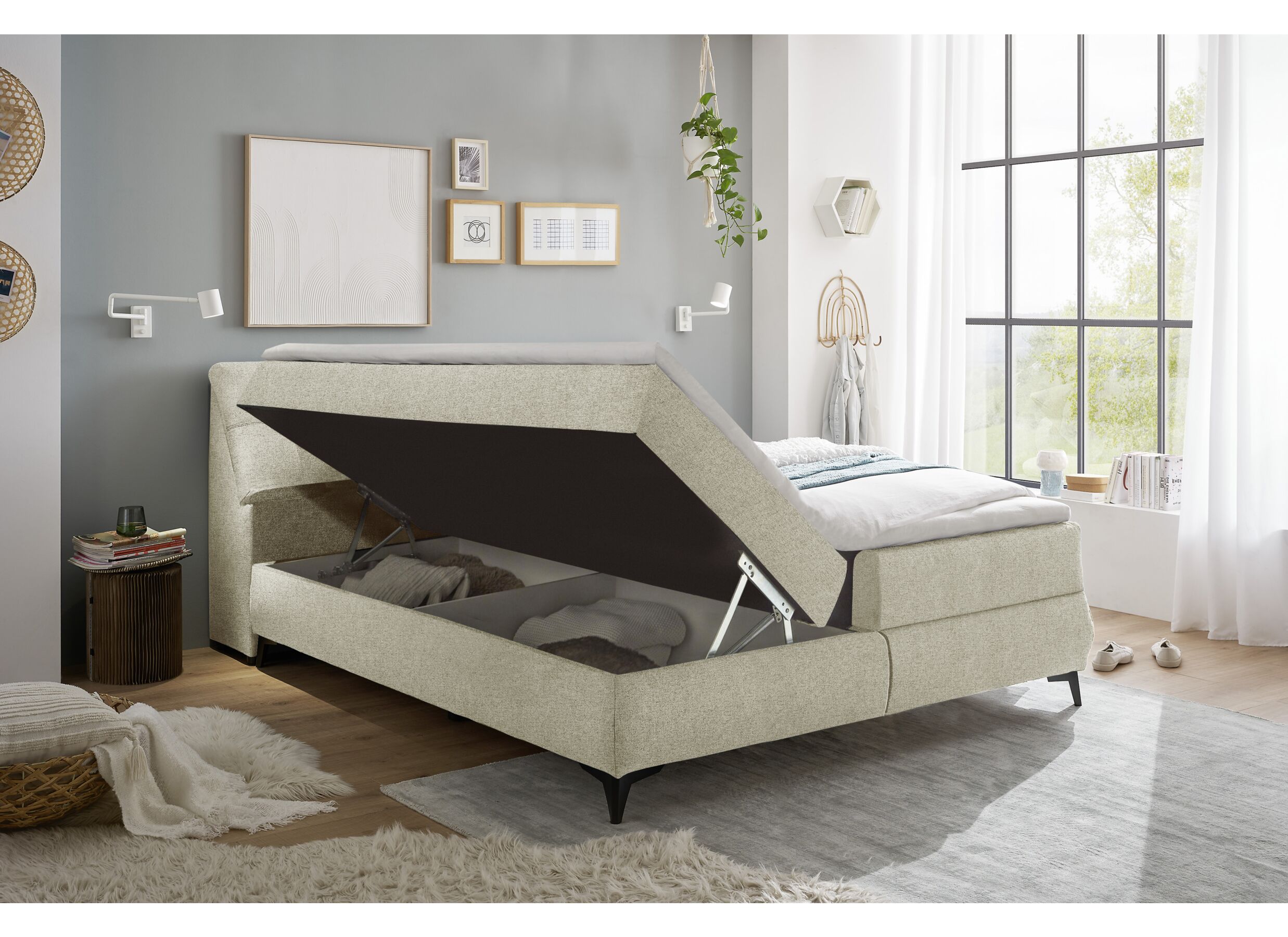 Foto ambiance - Lit box Atlantis 160x200cm avec rangement tissu ivoire