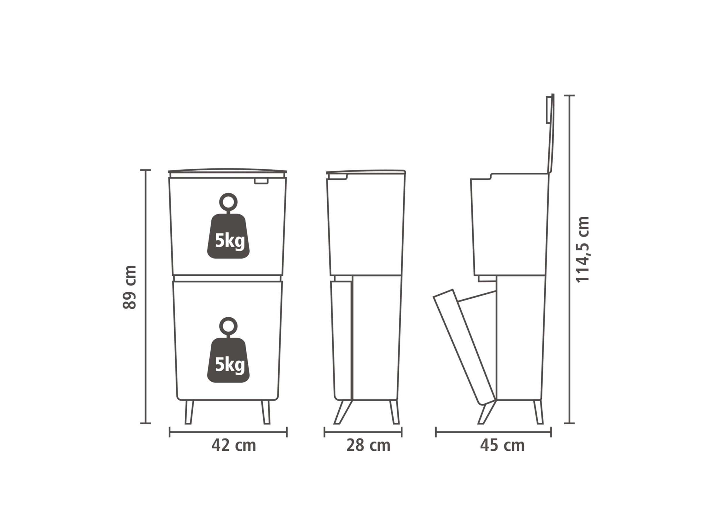 Afmetingen - Vuilnisbak SortUp Recycle Brabantia 20+25L - dark grey