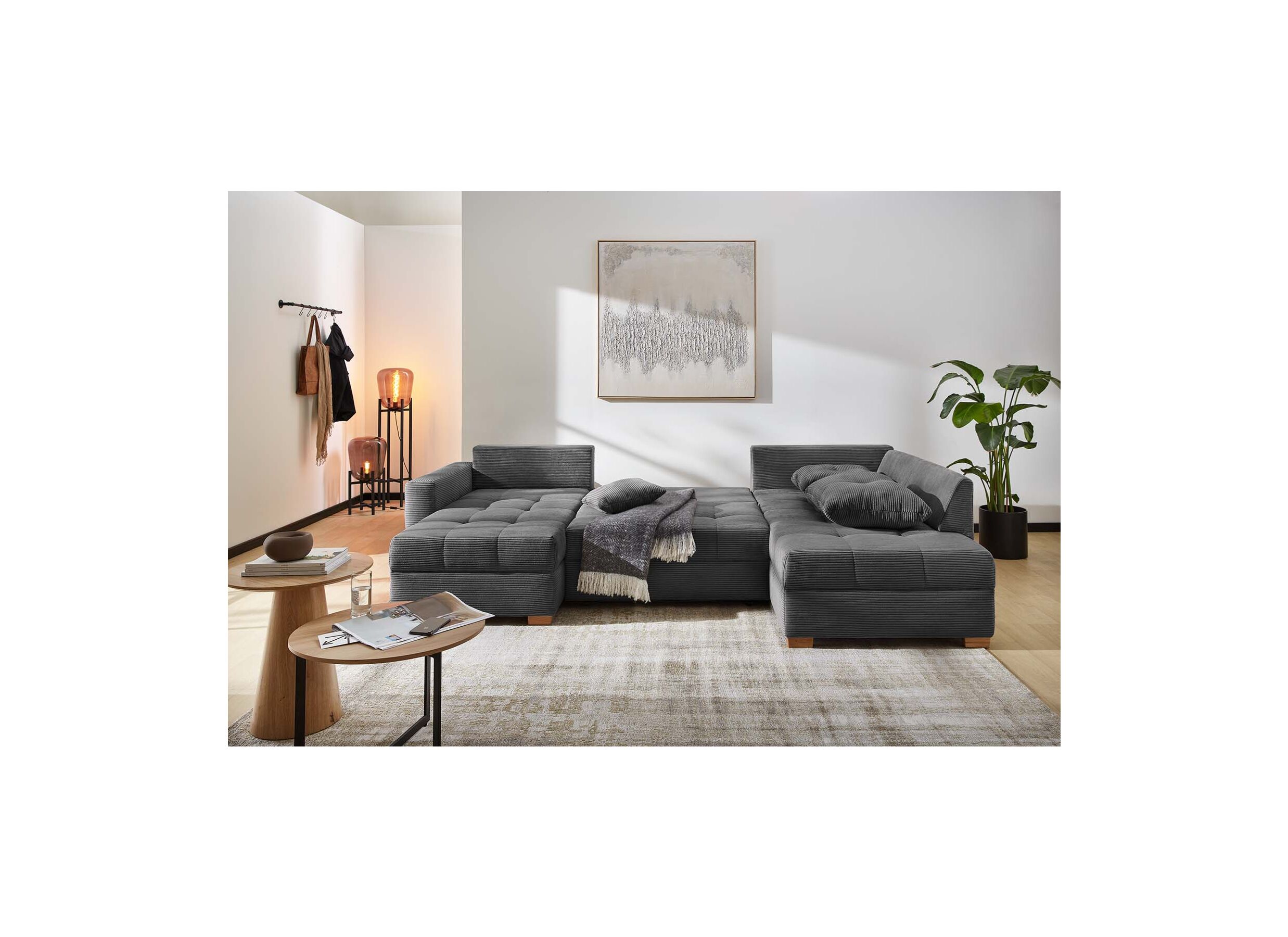Foto ambiance - Canapé d'angle Abby 311x170cm - tissu - gris avec fonction lit